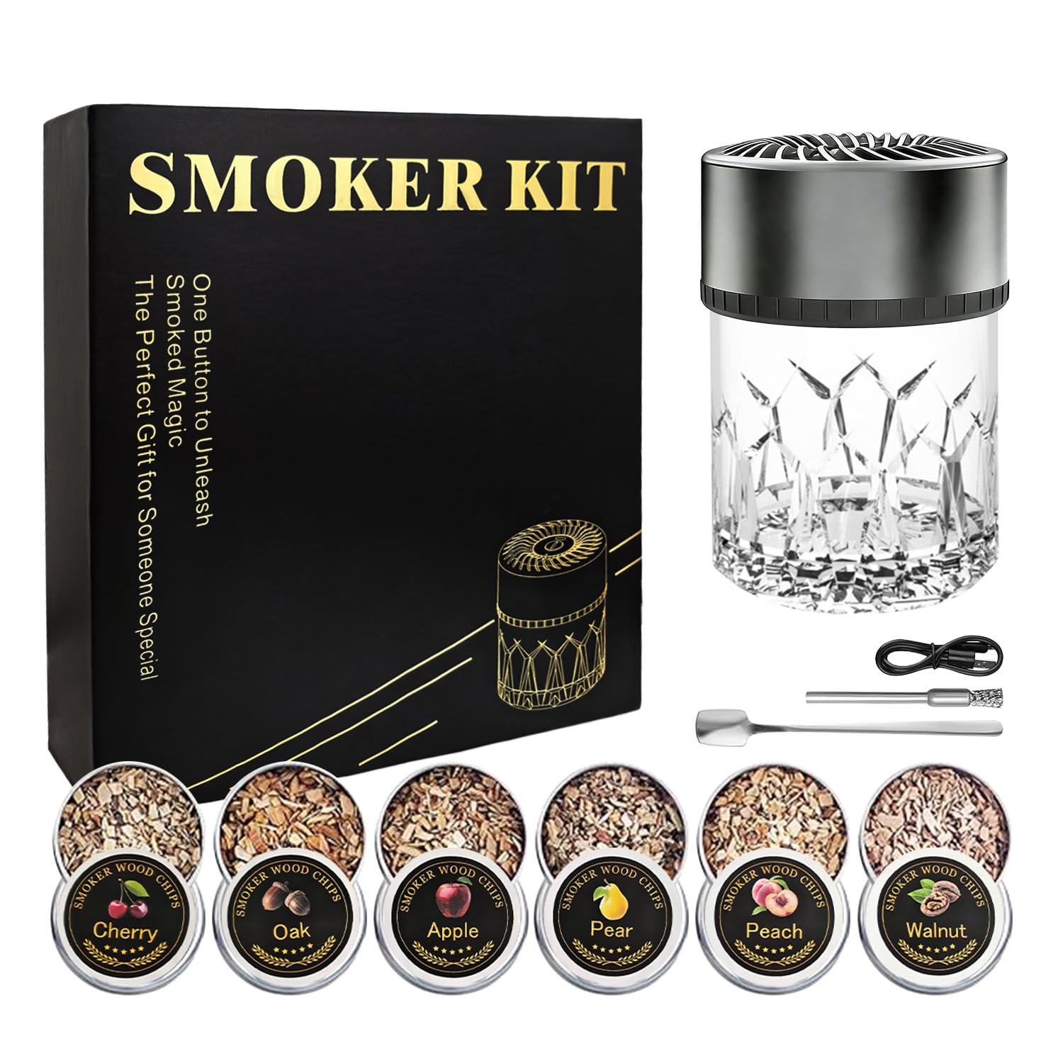 Electric Whiskey Smoker Kit Built-in Lighter, No Butane Needed, Rechargeable Cocktail Smoker Kit with 6 Wood Chips, Old Fashioned Drink Smoker Kit,