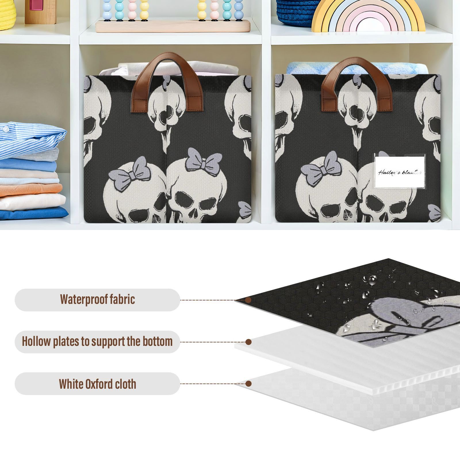 Cestini portaoggetti pieghevoli neri con motivo a teschio con fiocco, decorativi, con manici, cubi, organizer per dispensa, mensole, cassetti, scrivania, armadio, aula e ufficio, confezione da