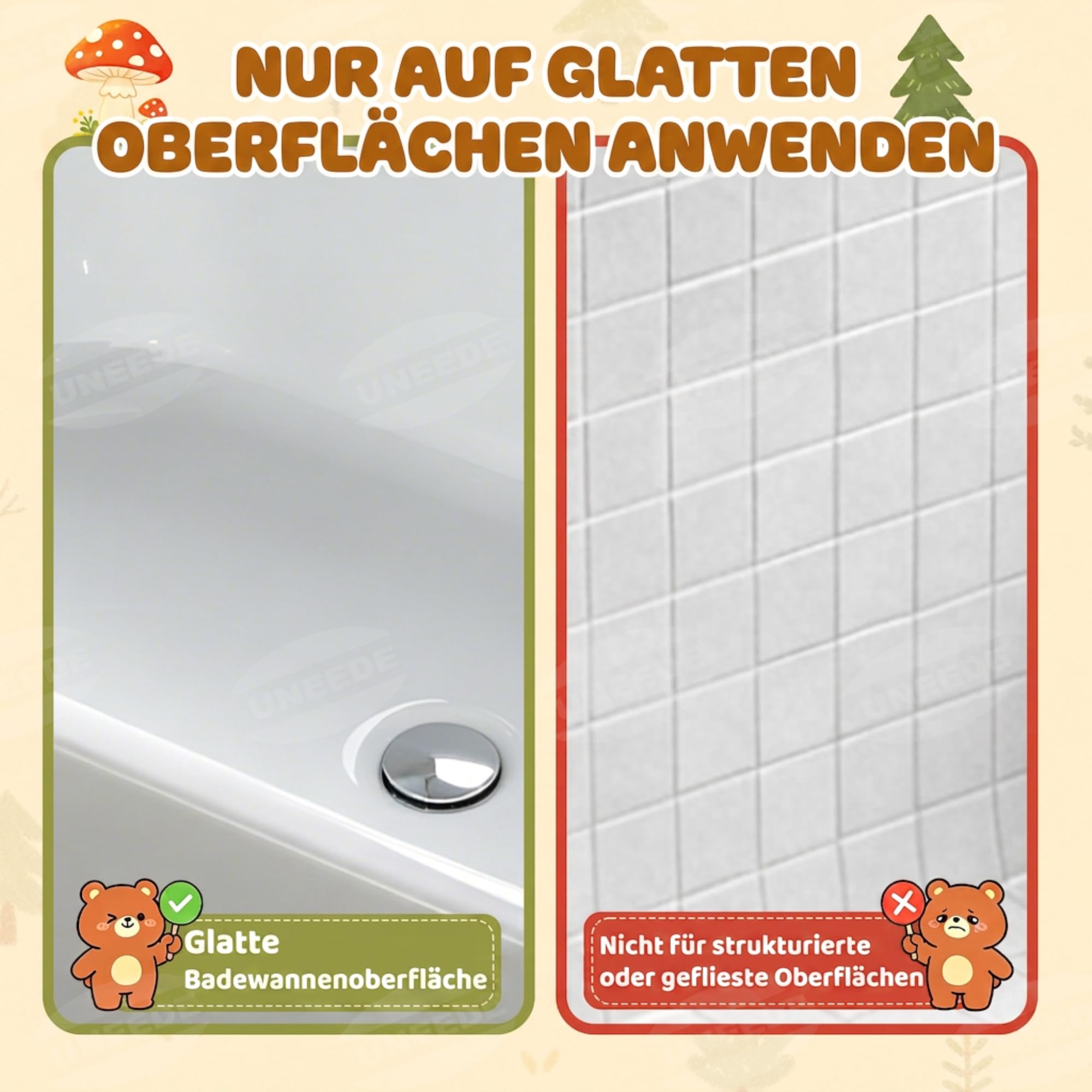 UNEEDE Bären Antirutschmatte Badewanne Kinder, 76x45cm Babybadematte aus Naturkautschuk, rutschfeste Badewannenmatte mit 126 Saugnäpfen & 43 Abflusslöchern, maschinenwaschbar