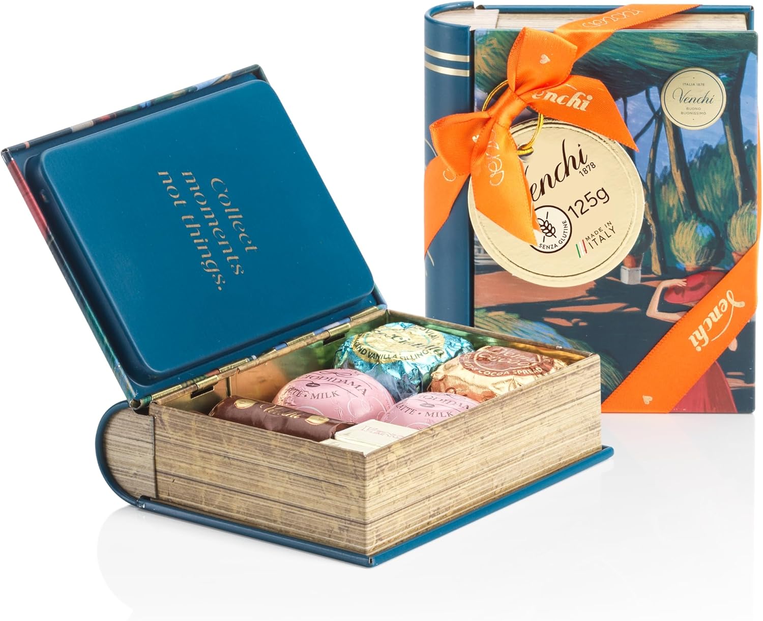 Venchi &ndash; Mini Rome Tin Book with Assorted Chocolates, Chocoviar, BacioDiDama, Cremino 1878, Mini Lingot, 4.41 oz, Gluten-Free, No Artificial Colours, No Preservatives, Gift Idea