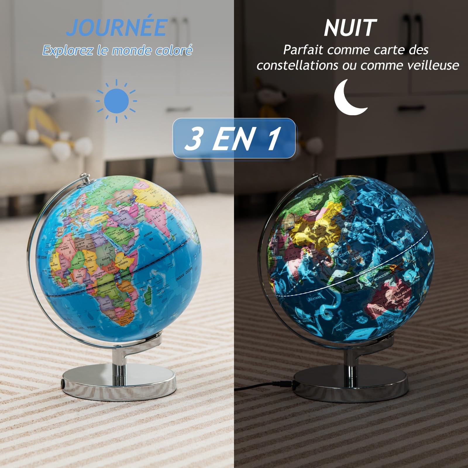 GOPLUS Globe Terrestre Lumineux Interactif 3 en 1 pour Enfants - Carte du Monde, 88 Constellations, Veilleuse, Support Décoratif pour Maison, Salle de Classe, Bureau
