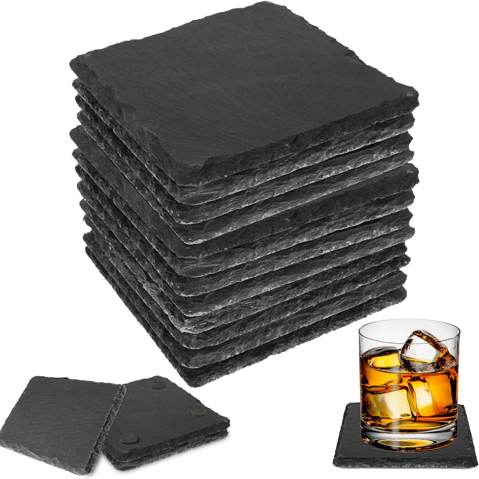 LOLYSIC12Pcs Slate Coasters 10 x 10 cm Natural Slate Drinks Coasters Bulk Square Stone Coasters Blank Slate Coaster for Home, Kitchen, Bar, DIY Crafts, Laser Engraving, Black