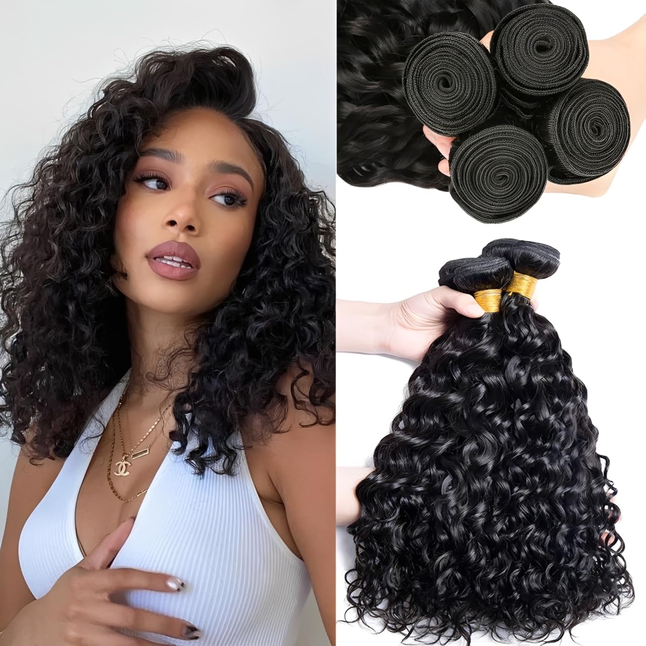 Fasuo Water Wave Human Hair 4 Bundles 18 20 22 24 Inch 100% Unprocessed 12A Brazilian Curly Human Hair Wet and Wavy Bundles Natural Color 400g