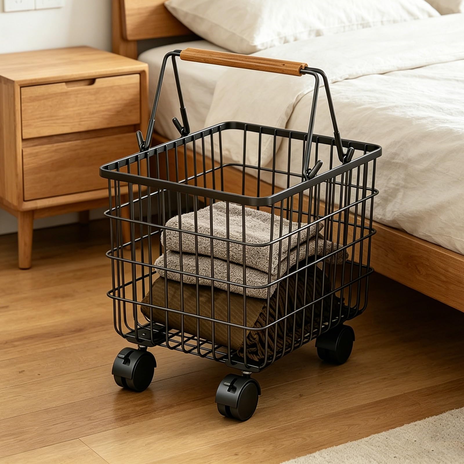 Folding Laundry Basket Household Storage Metal with Wheels,Rolling Hamper with Handle,Openwork Design,Clothes Sorter Trolley Shelf