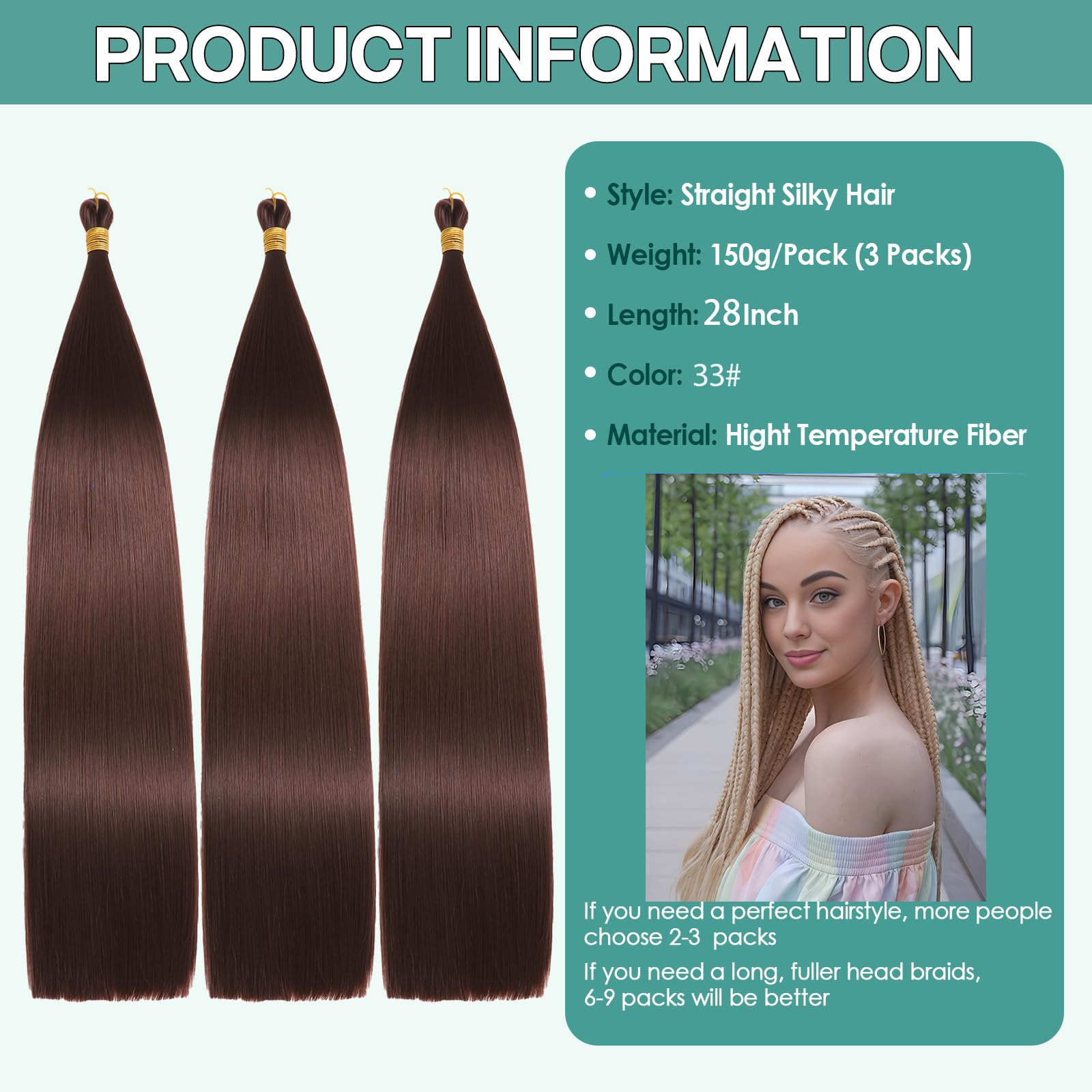 Locescsoc 28 Inch Straight Hair Extensions 150g 3 Packs Bone Straight Braiding Hair - Image 2