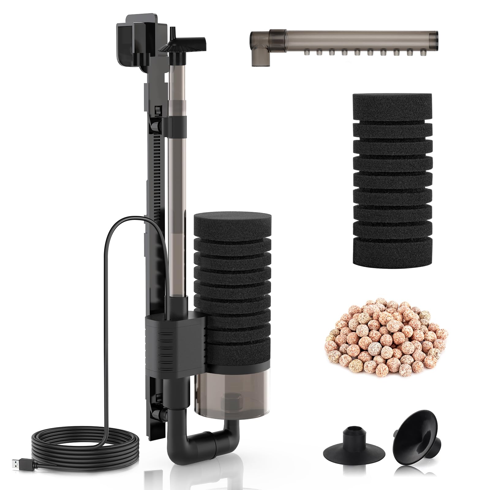 hygger Elektryczny filtr gąbkowy do akwarium, Power USB Single Aquarium Filtr Fish Tank Filtr, filtr zbiornika rybnego, cicha pianka zanurzeniowa, filtr do akwarium z filtrowanymi kulkami ceramicznymi