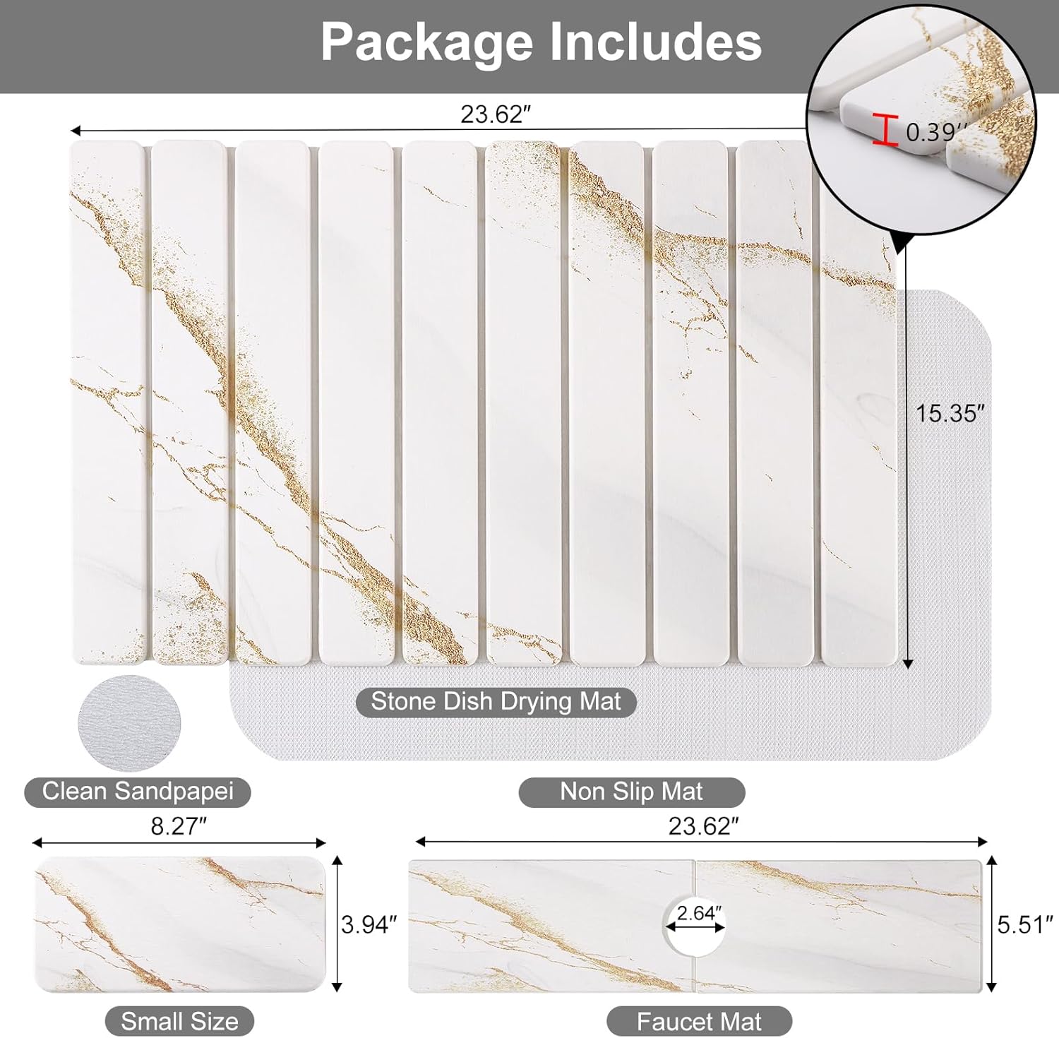 3 PCS Large Stone Dish Drying Mat for Kitchen Counter, Quick Dry Stone Dishes Mats, Sink Faucet Mat, Marble Water Absorbing Diatomaceous Earth Drying Pad for Countertop Tableware, Bottles