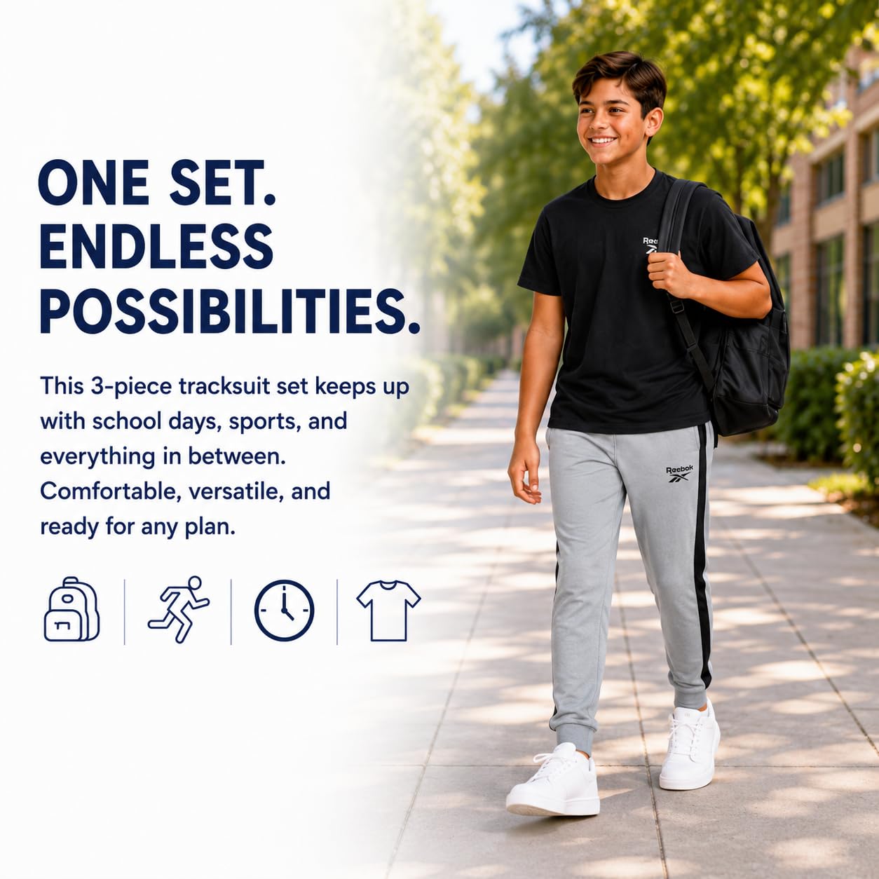 Reebok Conjunto deportivo de 3 piezas con chaqueta de punto con cremallera, camiseta y pantalones deportivos para niños