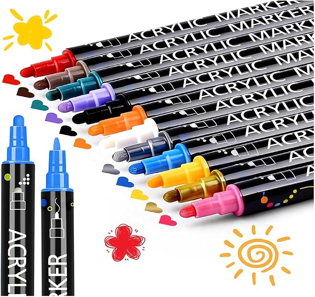 12 Colors Dual Tip Acrylic Paint Markers, Fine Tip and Dot Tip Paint Pens for Rock Painting, Wood, Glass, Ceramic, Fabric, Metal, Plastic, Paper, Canvas, DIY Art Supplies
