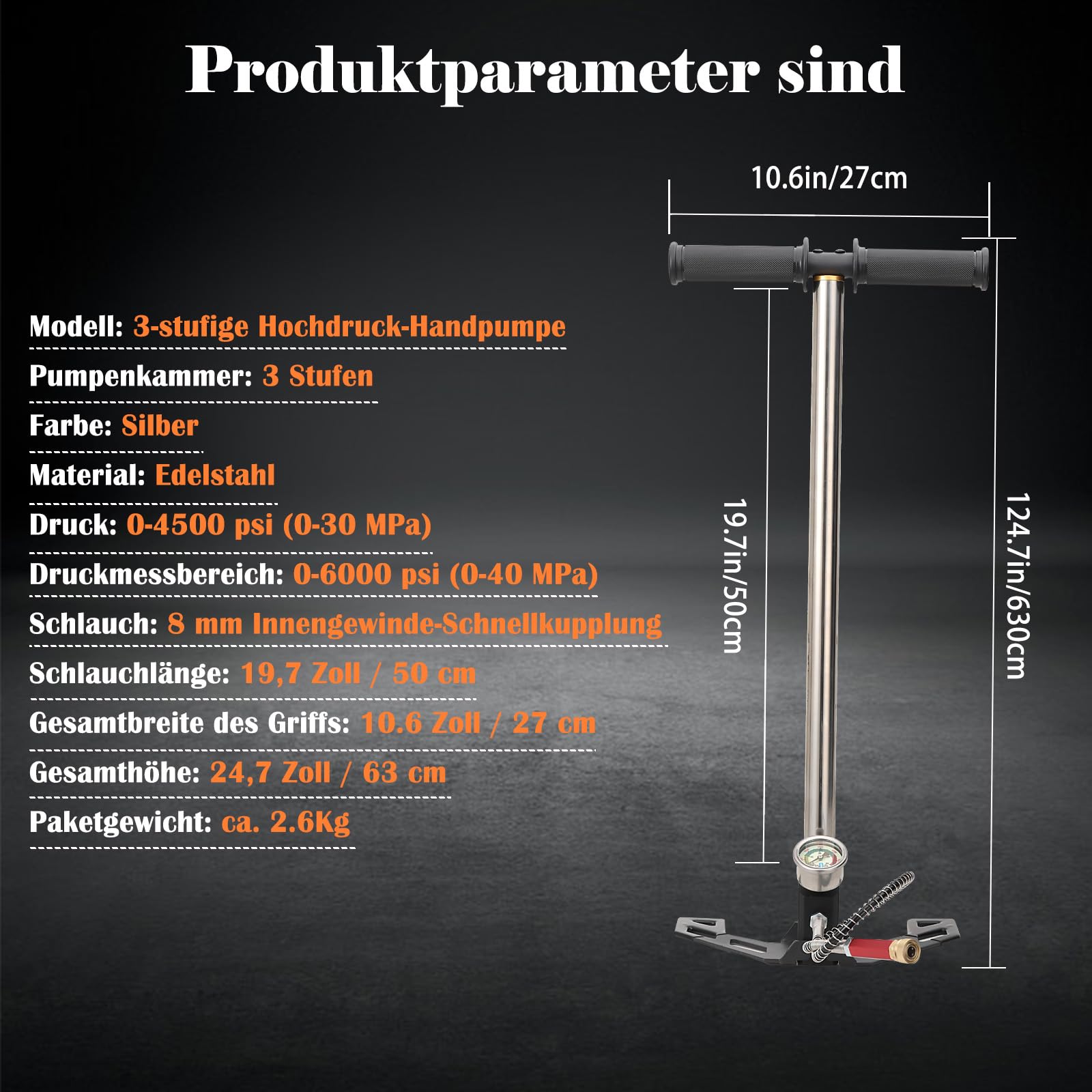 PCP Handpumpe 3-Stufiges Hochdruckpumpe 4500PSI/30MPa Hochdruckluftpumpe Luftgewehrpumpe mit Manometer, PCP Handpumpe für Luftpistole Bootsreifen Kajaks Autoreifen Motorrädern