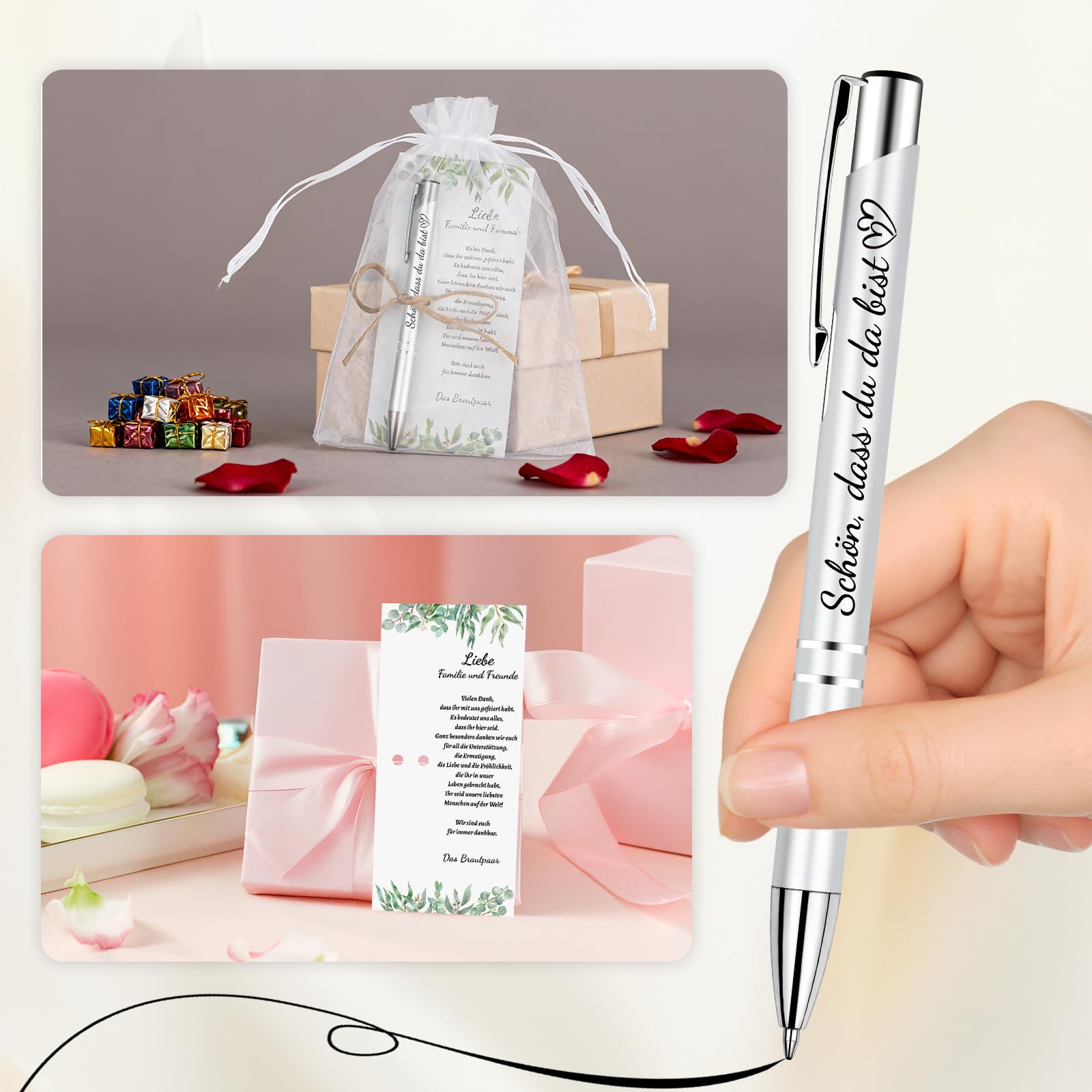 Hochzeitsgeschenke für Gäste, 15er Gastgeschenke Hochzeit Kugelschreiber Schön Das du da Bist Druckkugelschreiber Organzabeutel Hochzeit Mitgebsel Party Geschenkset für Familie und Freunde