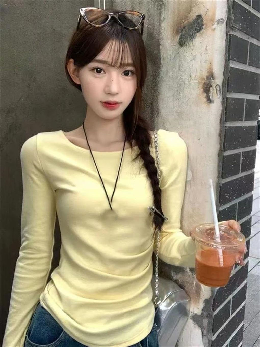 Round Long Sleeve T-Shirt Women's Slim Fit Simple Basic Inner Yellow and Black Top Women's Clothing Chic