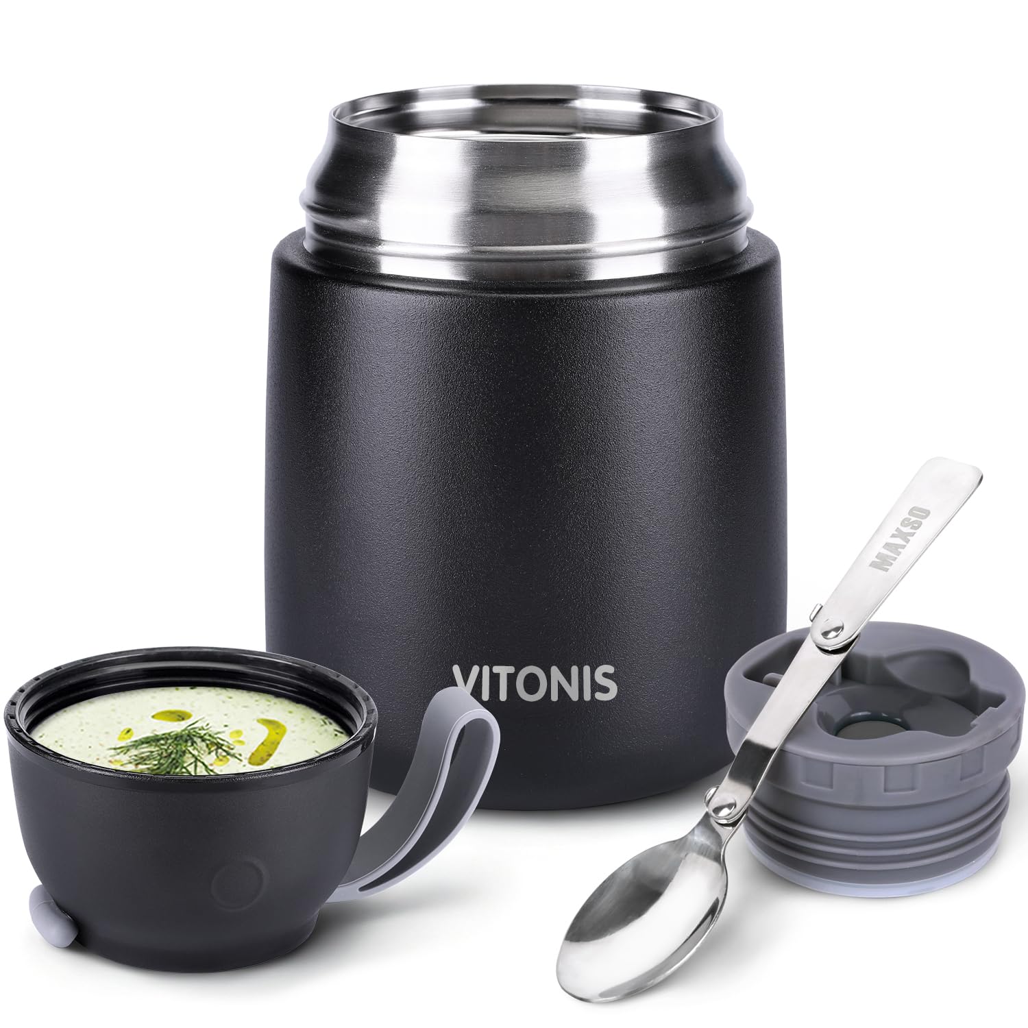 VITONIS Thermobehälter für Essen 500ml Edelstahl Isolierbehälter Gefäß für warme Speißen, Essen, Suppe, Isolierbehälter mit Löffel Thermo Gefäß, Schwarz