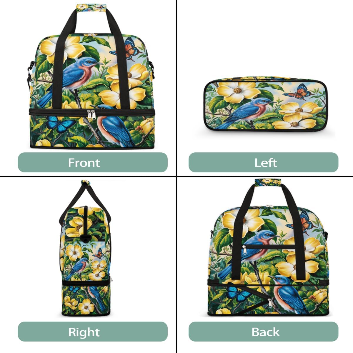 Flowers Birds Butterfly Large Travel Duffel Bag for Women Men Gym Bag Weekender Overnight Bags With Shoe Compartment Foldie Travel Tote Bag Carry On Personal Item Bag for Travel Gym Sports