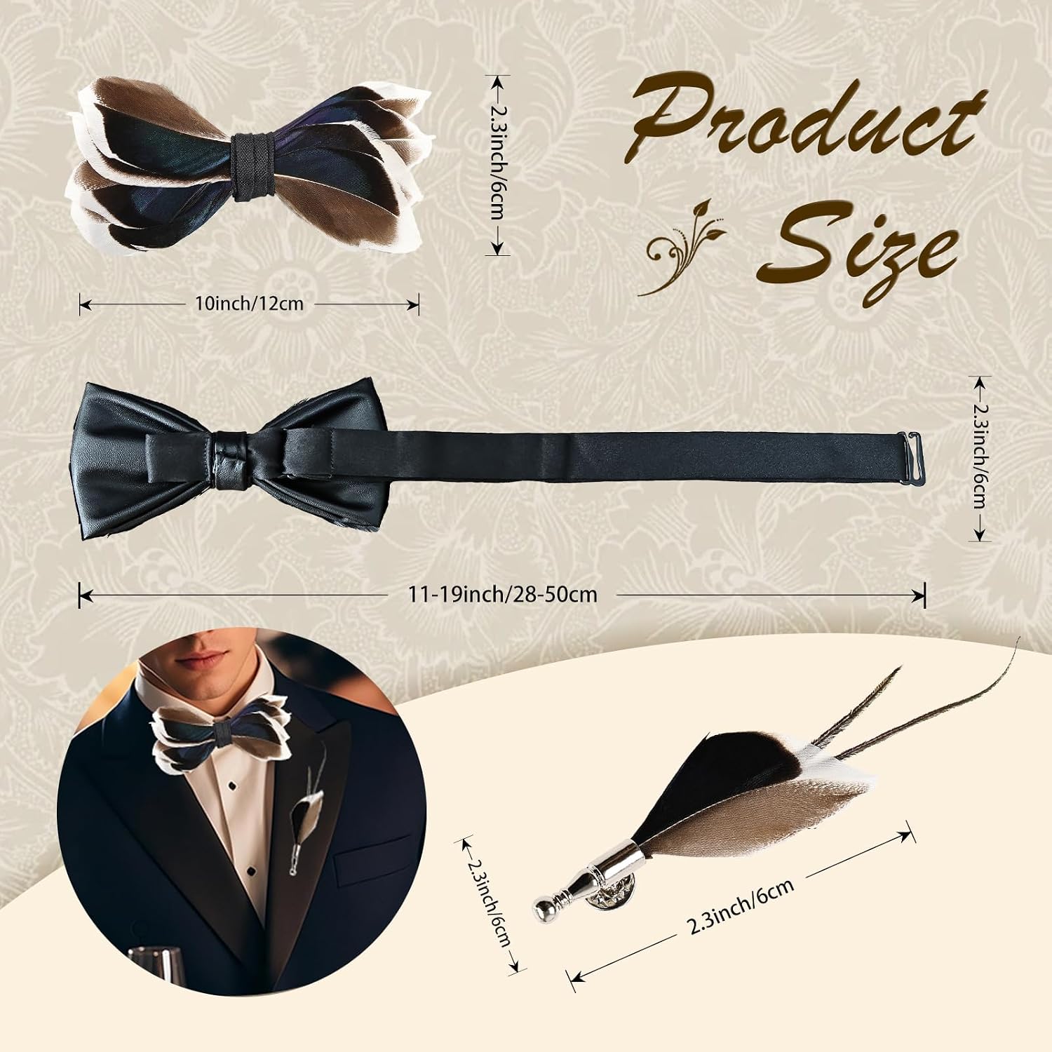 whitefeather Men's Feather Bow Tie & Brooch Set, Handmade Pre-tied Adjustable for Wedding Prom Tuxedo Accessory