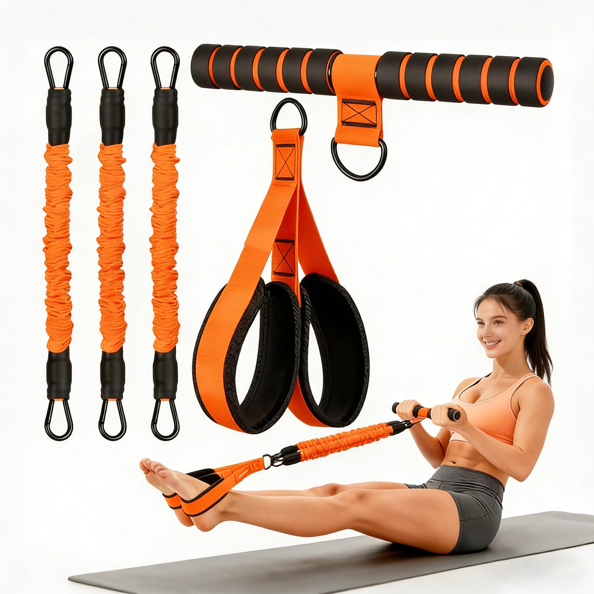 Pedal Resistance Band with Handle, Orange, 3 Tubes, 90LBS