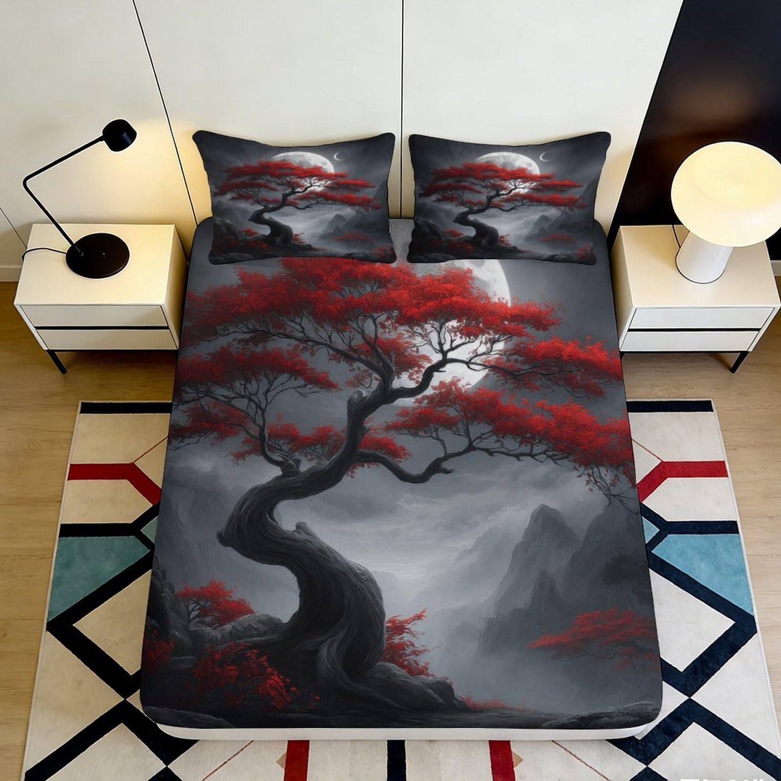 3D Printed Red Tree Fitted Sheet Microfiber Soft Breathable Moonlight Bed Cover for Bedroom Dormitory Guest Room Mattress Protection Decor 120x200x25cm