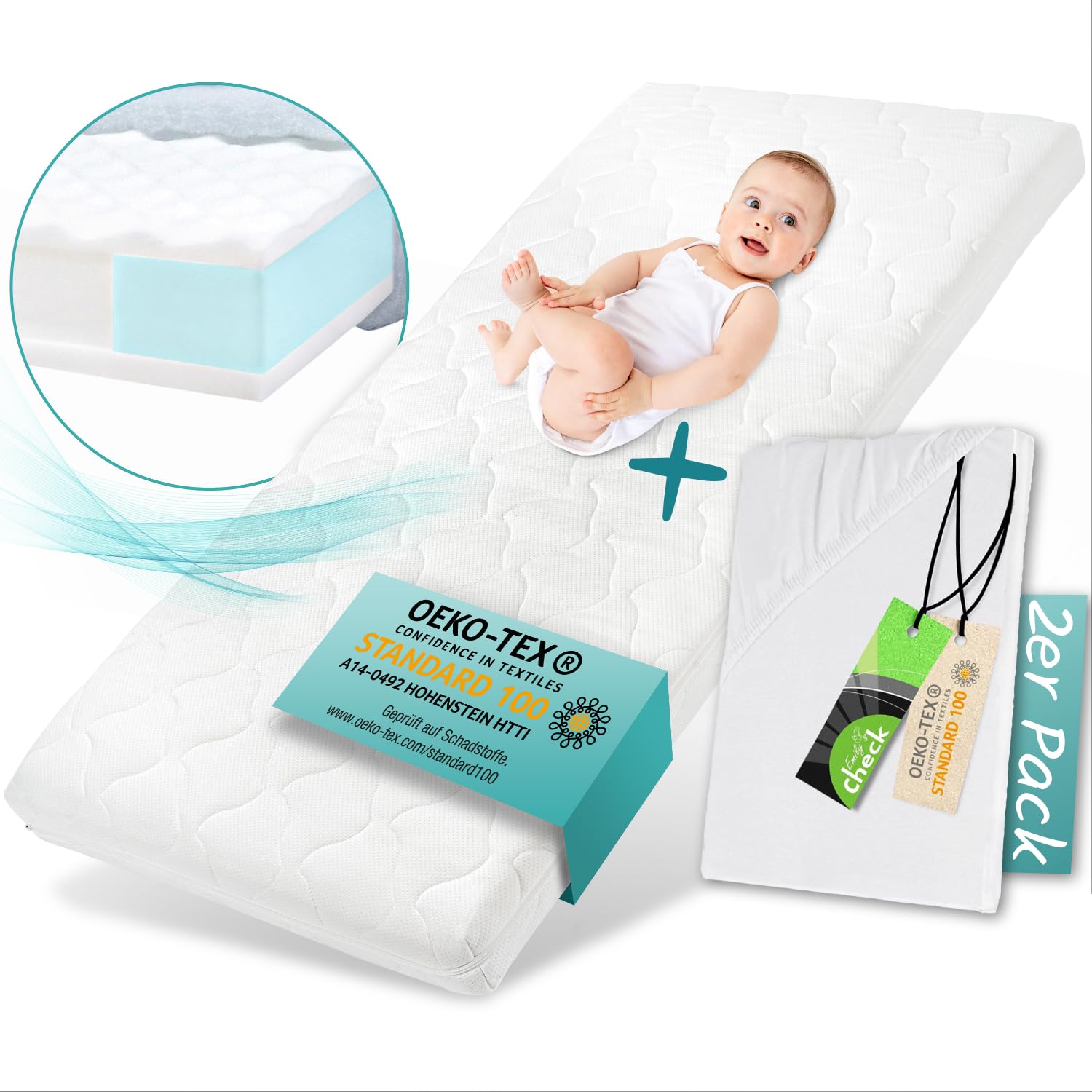 Sun Garden Matratze für Kinderbett, Oeko Tex 100 Zertifiziert, Kinderbettmatratze, Bezug waschbar, Kindermatratze BZW. Babymatratze für Babybett, 70x140 x11 cm, inkl. Bettlaken