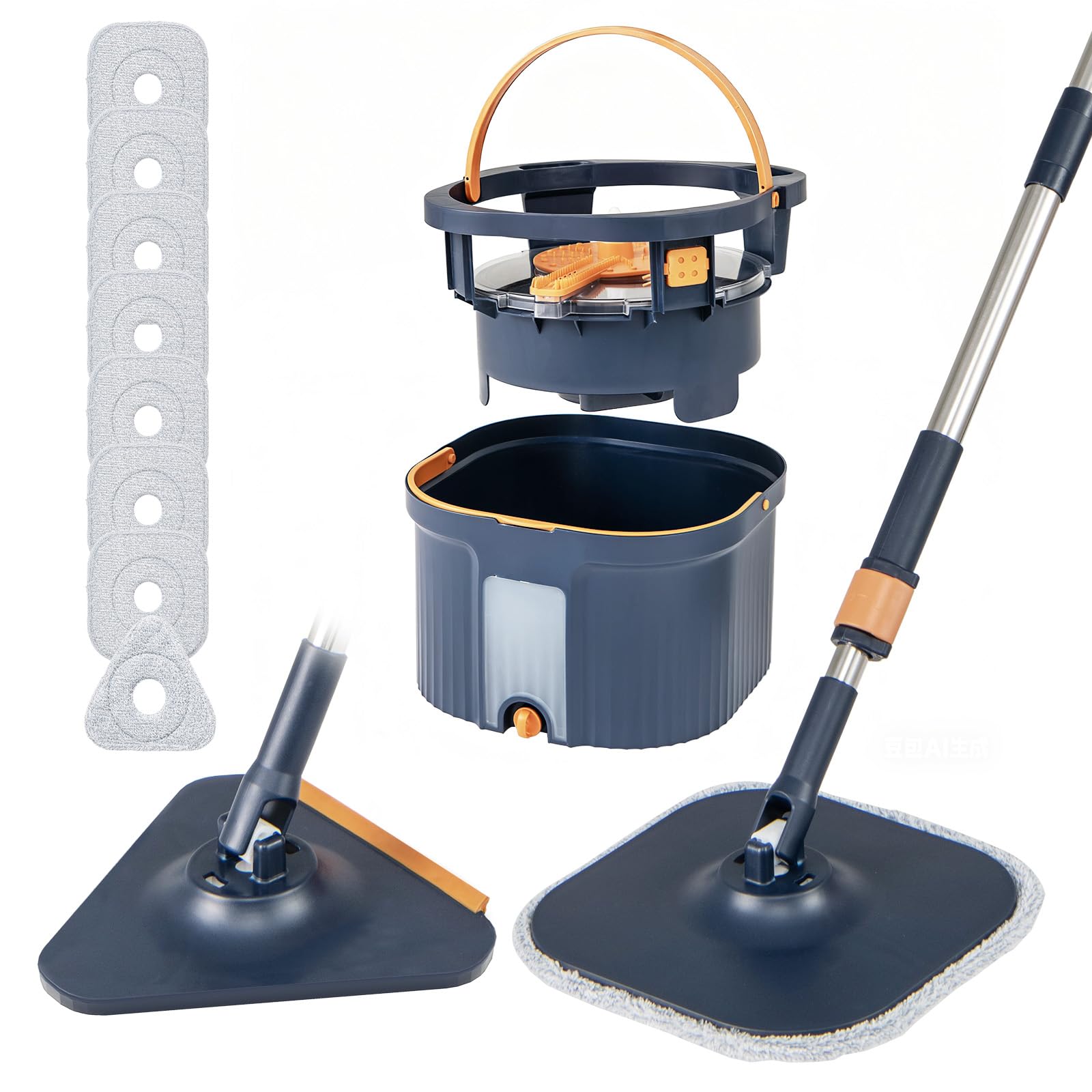 Lifezeal Escoba de Fregona con Cubo Doble, Cabezal Giratorio 360° con Paños Reutilizables, Separación de Agua Limpia y Sucia para Suelos de Baldosas de Parquet para Casa (Azul 2 Cabezas + 9 Paños)