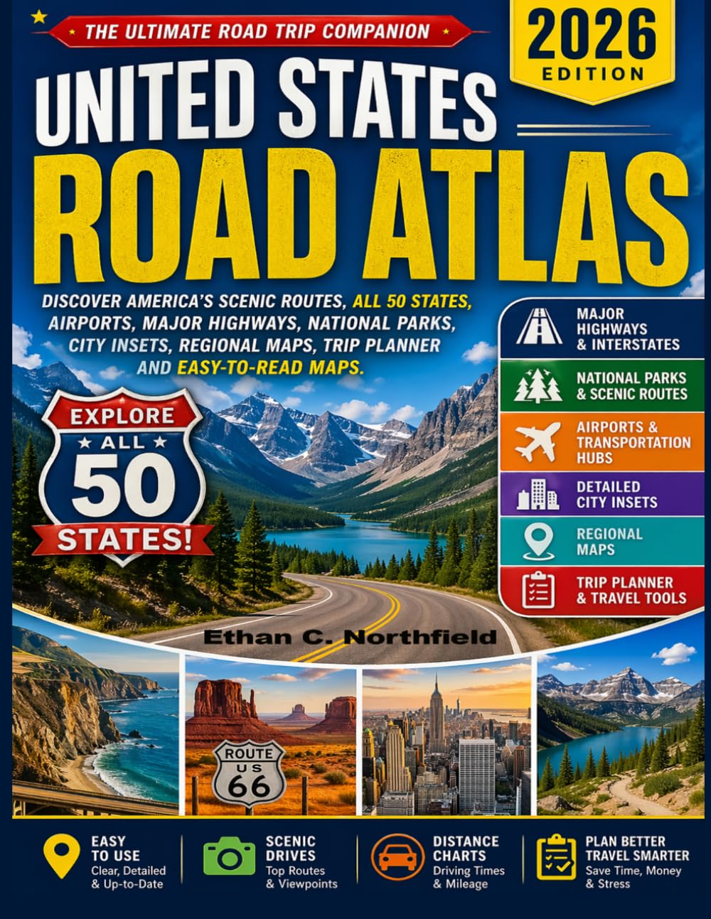 United States Road Atlas 2026: Discover America's Scenic Routes, All 50 States, Airports, Major Highways, National Parks, City Insets, Regional maps, Trip Planner and Easy-to-read maps.