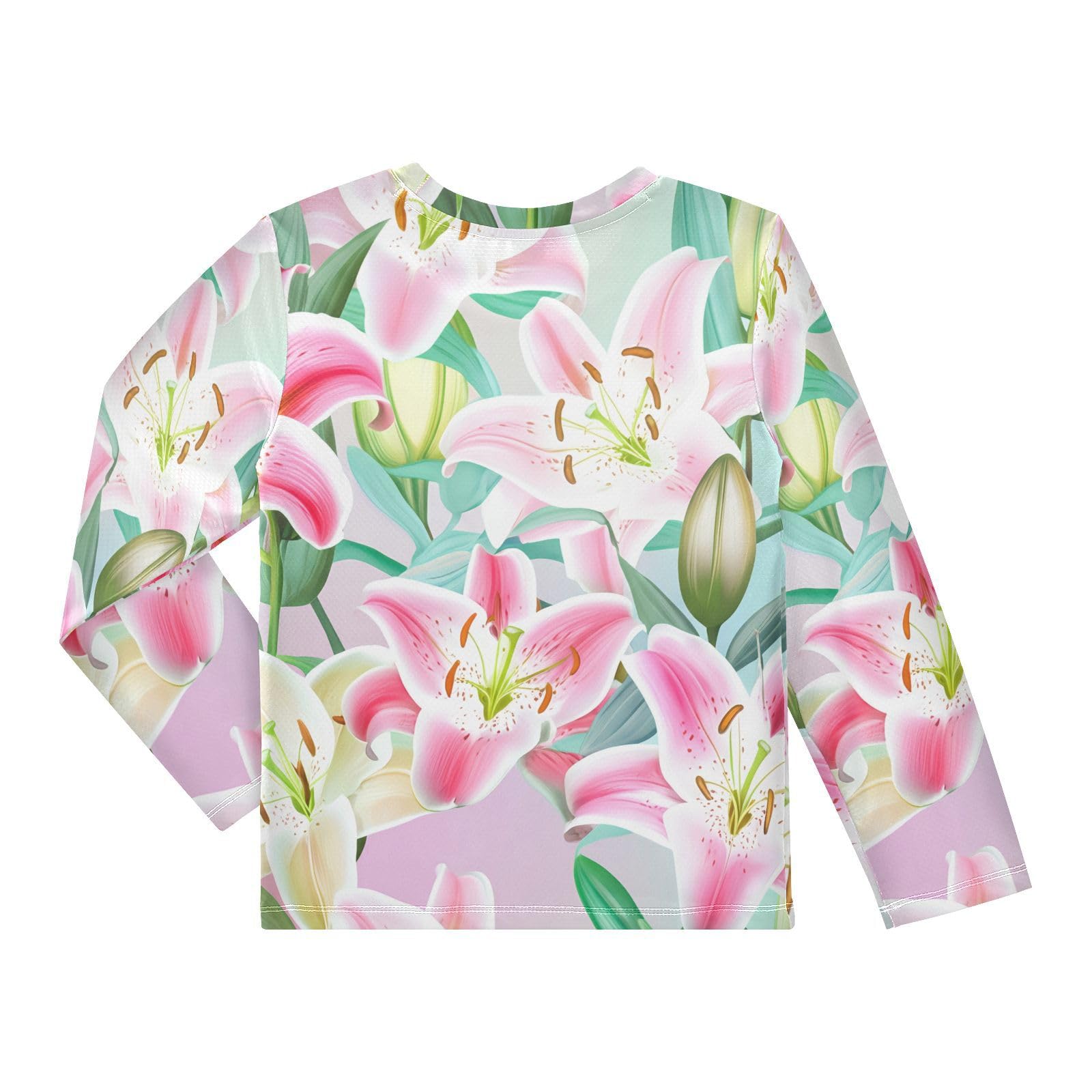Pink White Lily Blossom Foliage Boy's Rash Guard Swim Shirt Long Sleeve Sun Shirt for Kids Toddler UPF50+ 3T