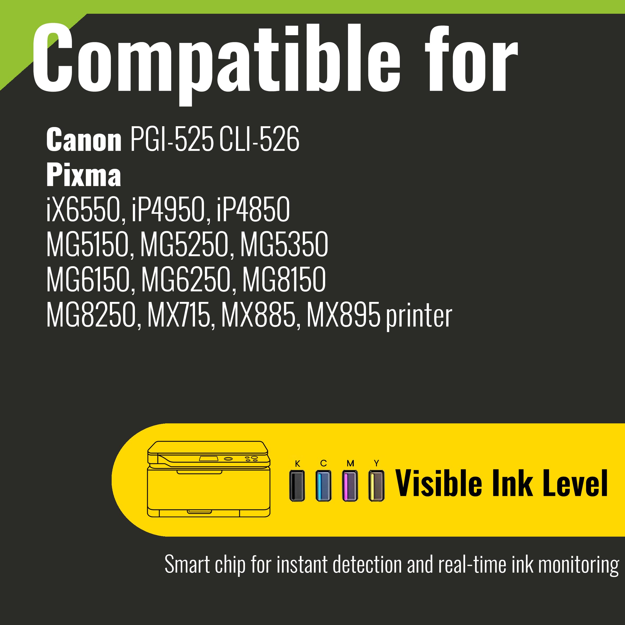 18 Cartucce d'inchiostro compatibili per Canon Pixma MG5150 MG5250 MG6150 MG6220 MG6250 MG8150 MG8220 MG8250 MX885 iP4850 iP4950 iX6550 | PGI-525BK CLI-526BK CLI-526C CLI-526M CLI-526Y CLI-526GY