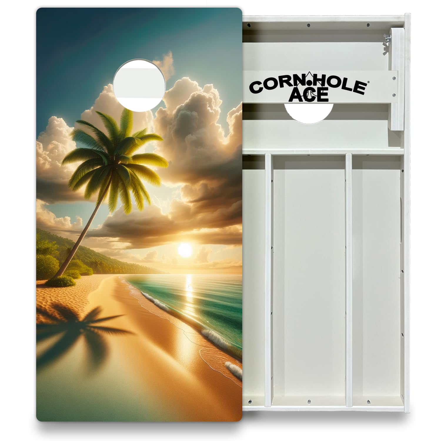 CornholeAce Beach Paradise All Weather Pro Cornhole Board Set - Waterproof 4x2 Regulation Size, Made in USA, Triple Wide Legs, 3/4
