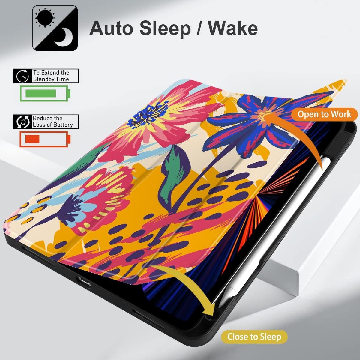 MEEgoodo for iPad Pro M2 12.9 Case 6th/5th/4th/3rd Generation 2022 2021 2020 2018 with Pencil Holder, Tablet Cover with Soft TPU Back Shell, Art Painted Flowers - Image 5