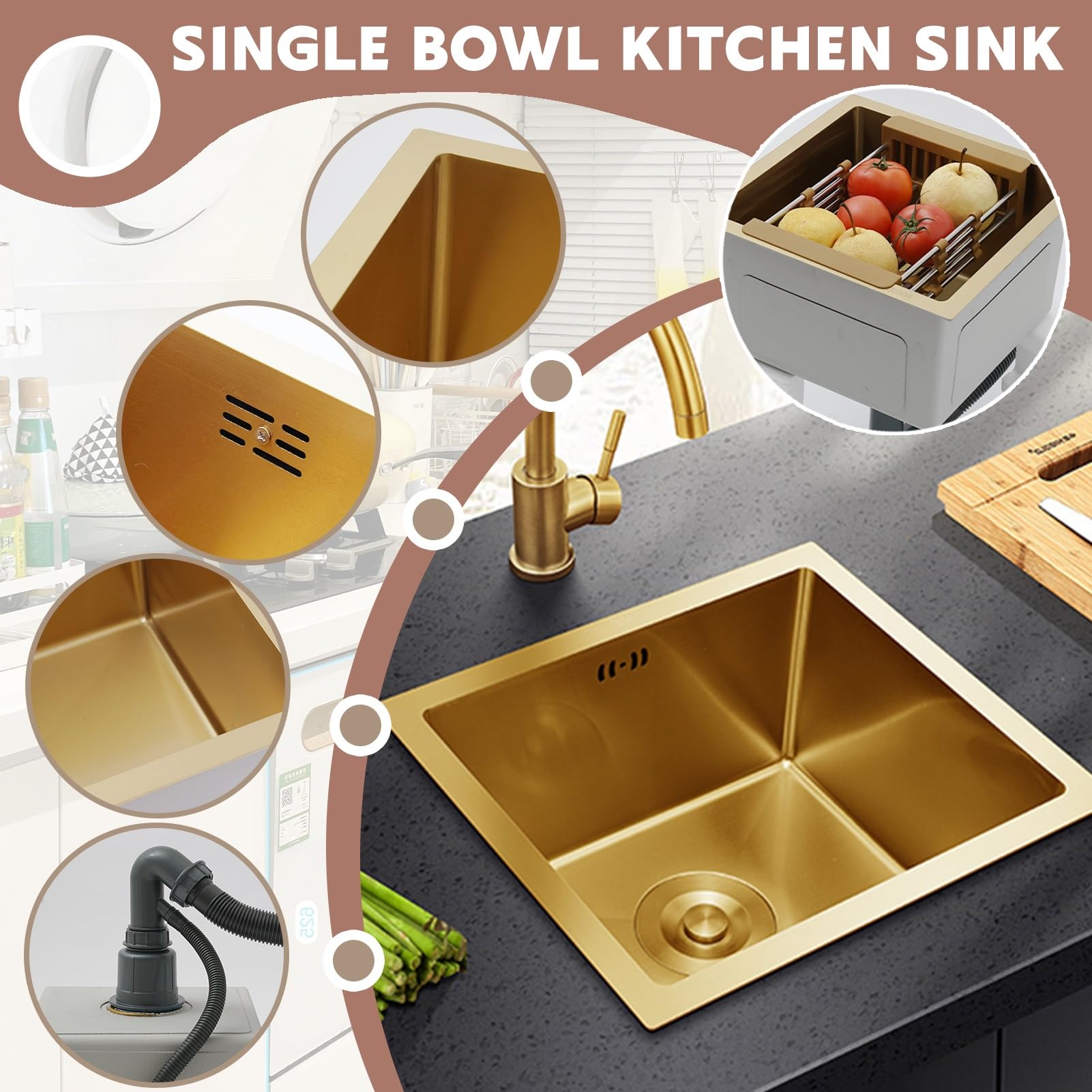 Lavello da Incasso Quadrato in Acciaio Inox, Vasca Singola, lavello Compatto per Piccole cucine, salvaspazio, Superficie con Rivestimento Nano con Kit di Scarico (Oro, 75x45 cm)