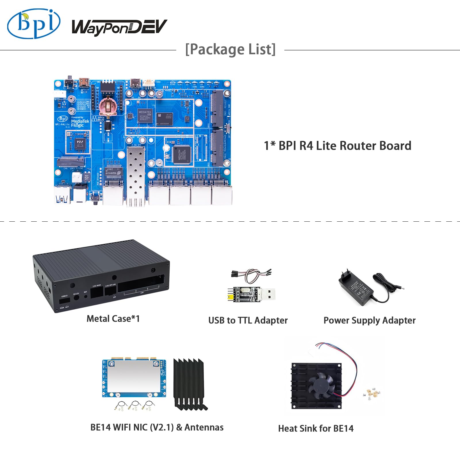 Banana Pi BPI-R4 Lite WiFi 7 Routeur Dev Board Kit OpenWRT - MediaTek MT7987A SoC - 2 Go DDR4 RAM 8 Go eMMC - 1 x 2,5 G SFP RJ45 WAN - 4 x GbE Gigabit Ethernet pour NAS Smart Home Gateway (2 Go DDR4