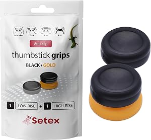 Setex Gecko Grip, 1 High Rise + 1 Low Rise Thumbstick Grip Covers, for PlayStation PS5, PS4, Xbox One, Steam Deck, Anti-Slip Microstructured Analog Stick Thumb Grips, Black & Gold, Covers Only