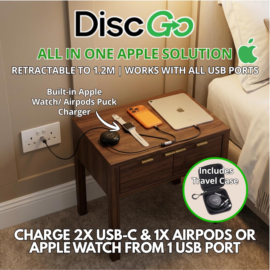 DiscGo - Cavo di ricarica retrattile 3 in 1 con adattatore USB-C (con convertitore USB-A integrato sul cavo di ingresso)