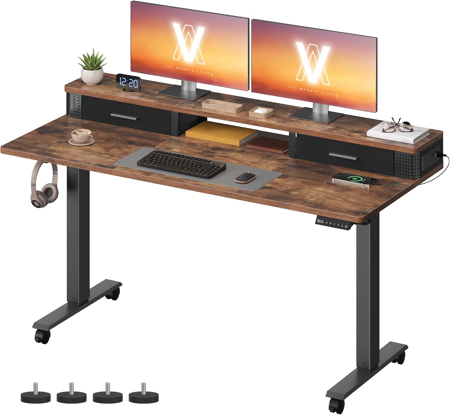 VASAGLE Electric Standing Desk with Drawers, Sit Stand Desk with Built-in Power Strip, Adjustable Height, 55.1 x 23.6 Inches, 2 Hooks, Memory Function, for Home Office, Rustic Brown ULSD184KD01