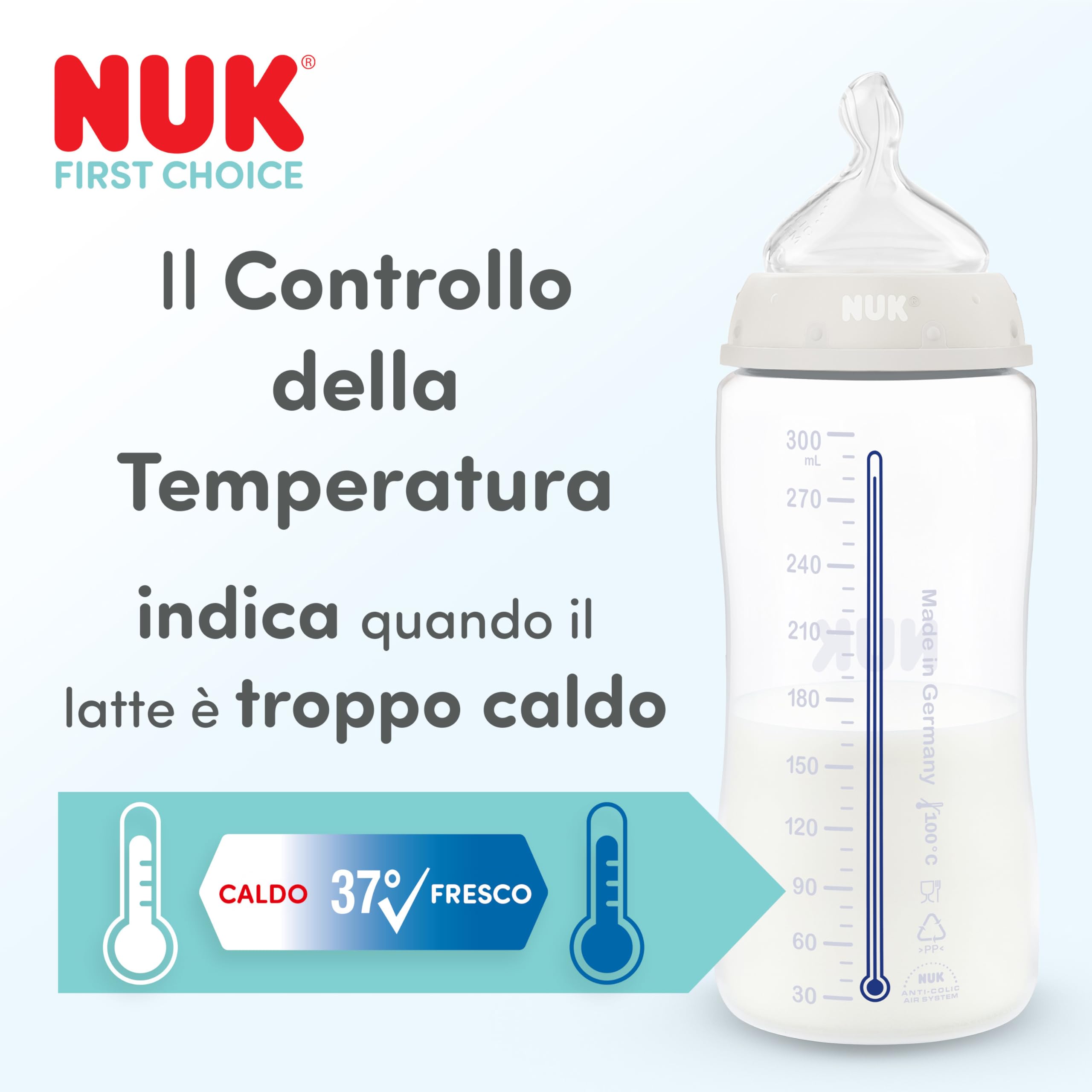 NUK First Choice Biberon | 3+ mesi | 240 ml | Biberon anti-colica | Vetro | Indicatore di controllo della temperatura | Cavalluccio marino | Confezione da 1