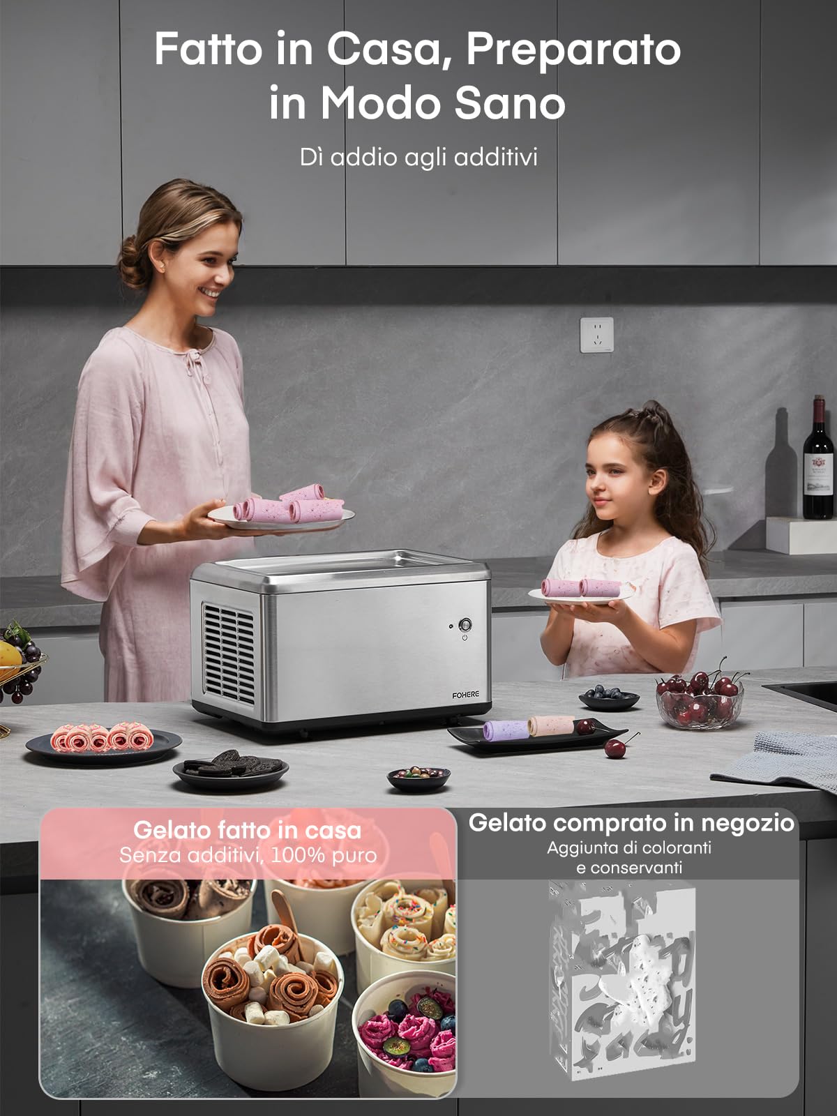 Gelatiera a rullo per la casa con compressore, gelato morbido in soli 3 minuti, funzionamento one-touch, diversi cambiamenti di varietà, sano gelato fatto in casa, ricetta, 2 spatole, Fohere