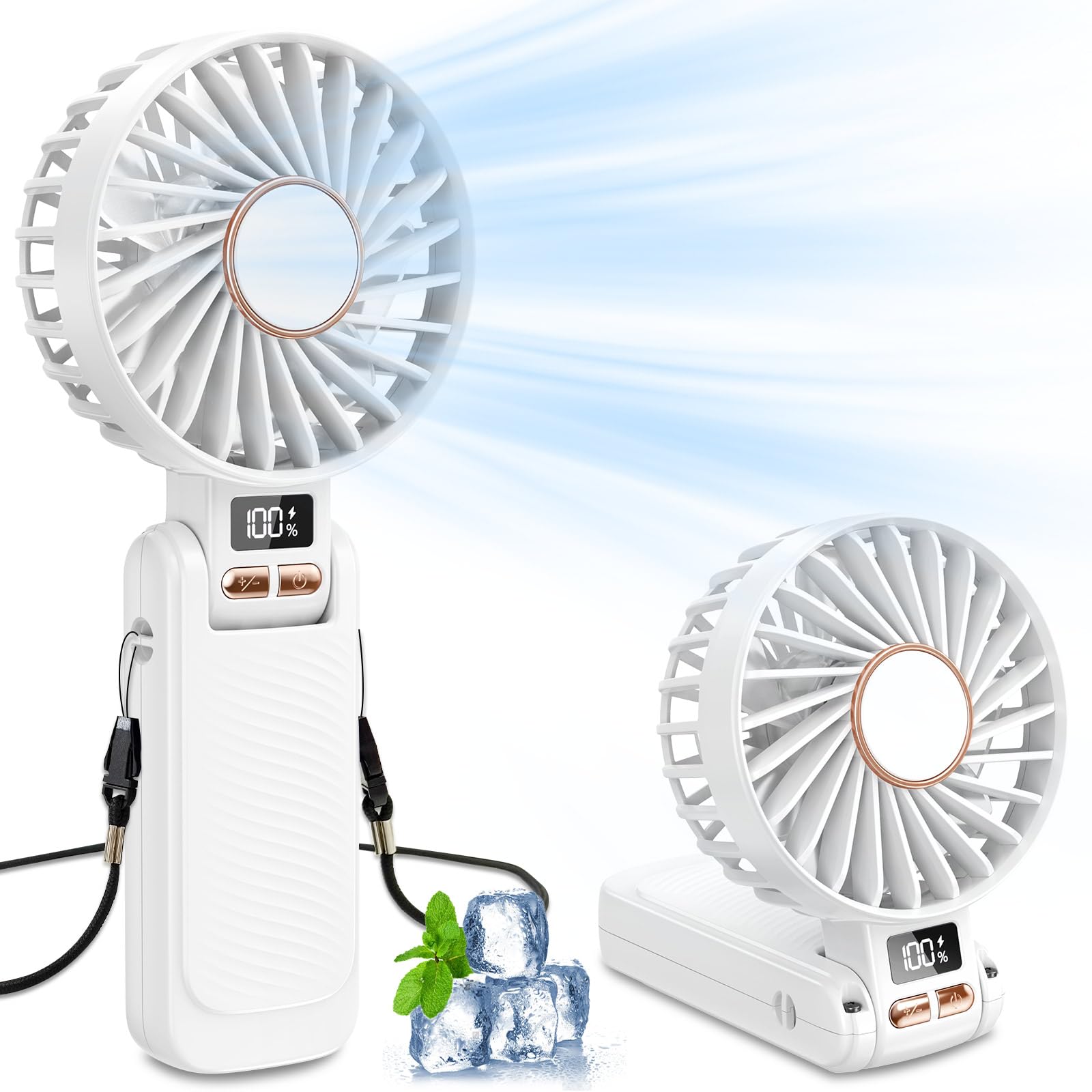 Handheld Fan, 5 Speed & 20H Cooling Time Portable Fan, 4500mAh USB Rechargeable Mini Fan with LED Display, Powerful but Quiet, Foldable Desk Fan, Lanyard for Neck Fan, Personal Fan for Travel/Office