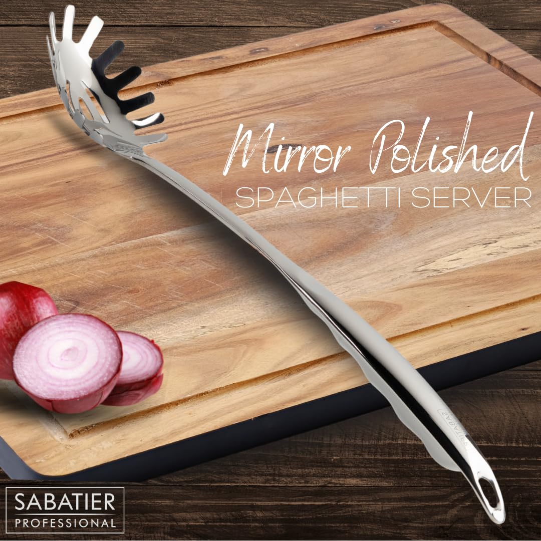 Sabatier Professional Large Metal Spaghetti Server Ladle, Mirror Polished Stainless Steel Fork Spoon to Measure - Image 2