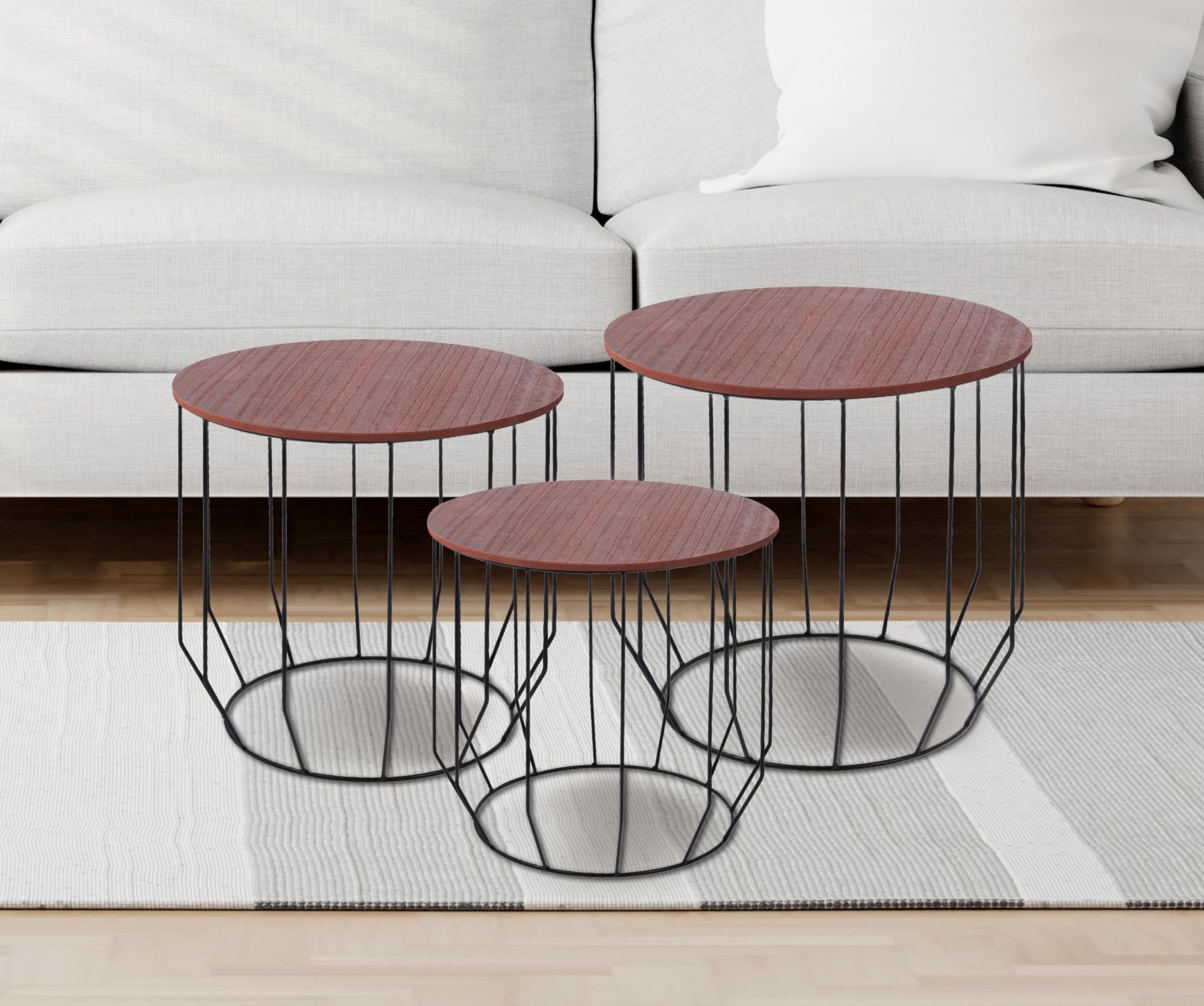 Set Di 3 Tavolini Da Salotto Rotondi Sovrapponibili - Piano In Legno, Struttura In Acciaio, Design Industrial - Colore Naturale
