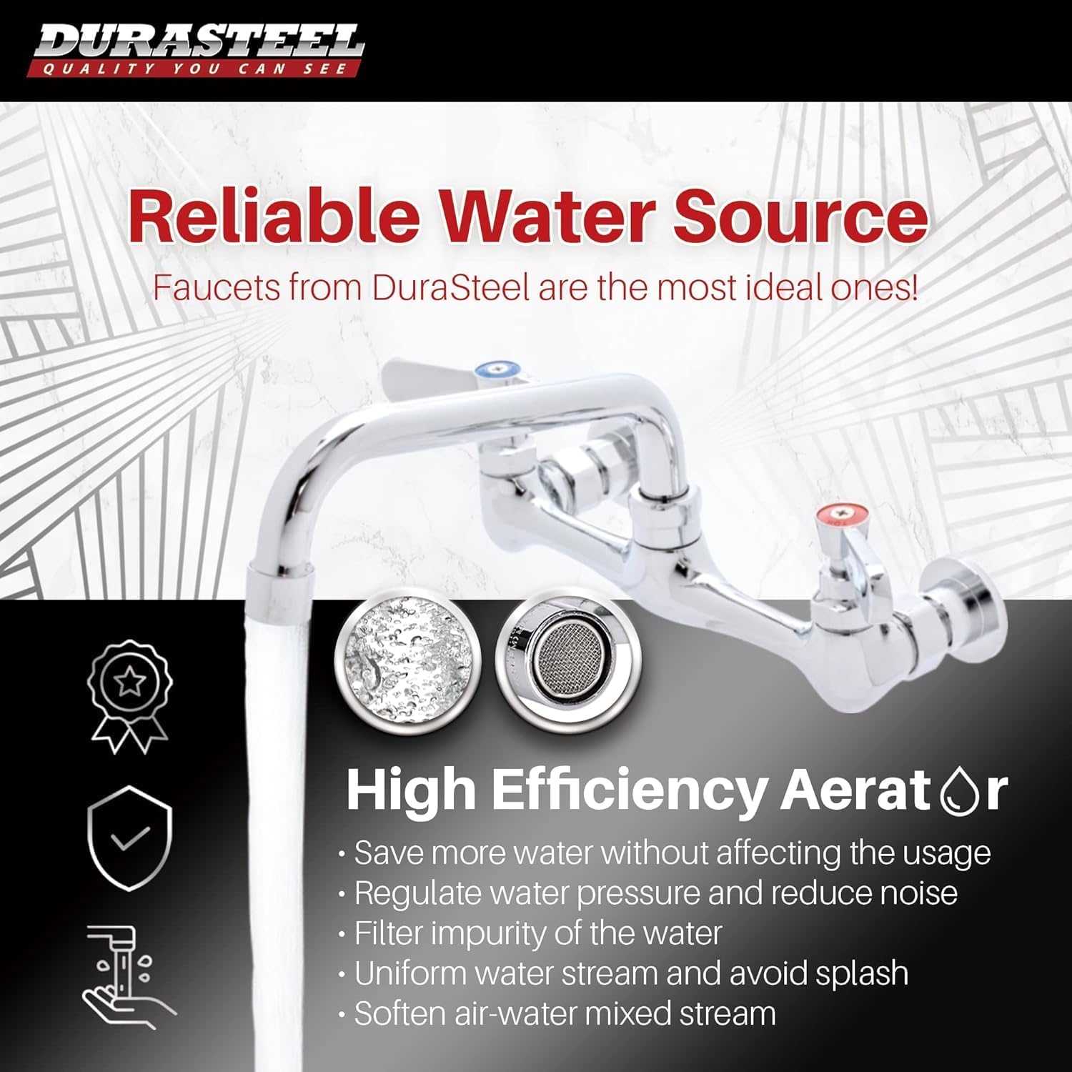 DuraSteel Commercial Sink Faucet - NSF No Lead 8” Center Commercial Wall Mount Faucet Kitchen with 6 Inch Swivel Spout - Lever Handle - Industrial Restaurant Kitchen Utility Prep Sink Mounted Faucets