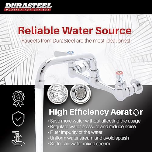 Miniatura 2 de DuraSteel NSF - Grifo de fregadero comercial sin plomo de 8 pulgadas, grifo de montaje en pared comercial con boquilla giratoria de 6 pulgadas