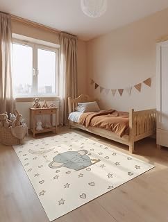 Hanse Home Adventures Kinderteppich Little Elli - Kinderzimmerteppich Elefant, Stern Motiv, Spielteppich, Modern, Junge, Mädchen, Teppich Kinderzimmer, Wohnzimmer - Creme Mulitfarben, 120x170 cm