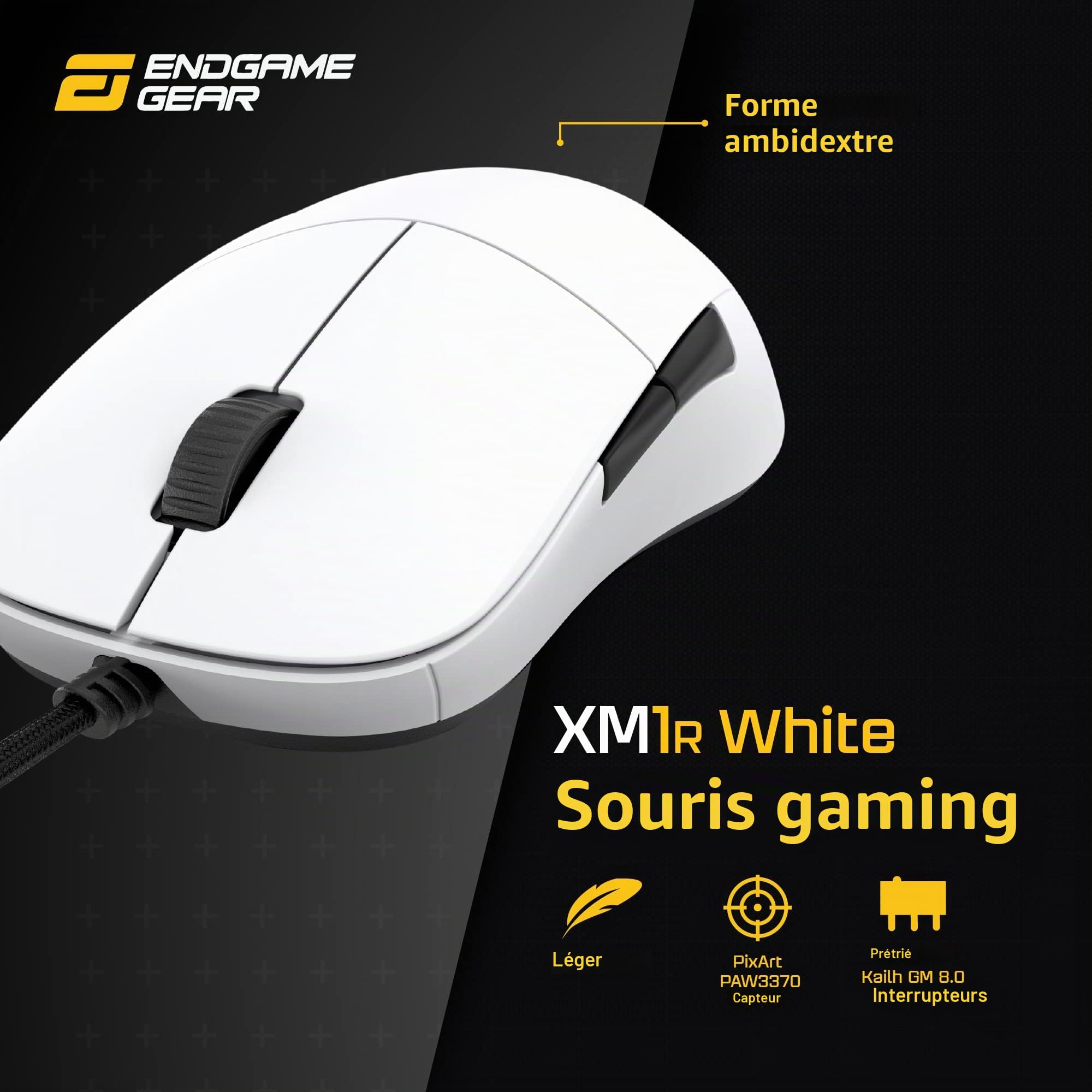 ENDGAME GEAR XM1r Souris Gaming - PixArt PAW3370 Capteur Optique - 50 à 19.000 CPI - 5 Boutons - Kailh GM 8.0 Switchs - 80 Millions clics - USB - Ergonomique - Poids de Seulement 70g - Blanc