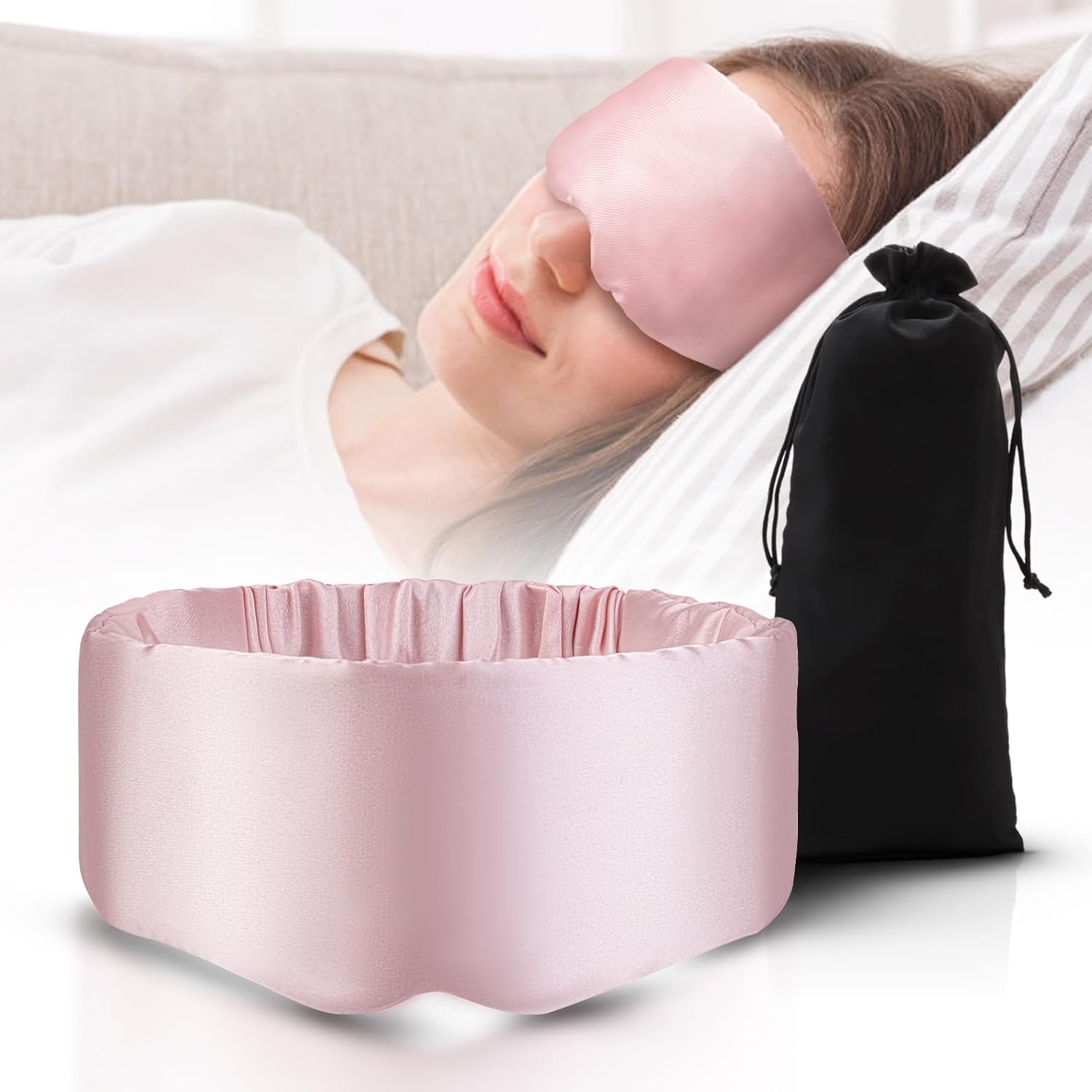 FlyCoco Full Coverage Sleep Eye Mask, Fits Face Breathable Comfort Eye Mask 99% Light Blocking, Simulated Silk Satin with Adjustable Shoulder Strap Storage Bag for Women Men Travel Home Rest (Pink)