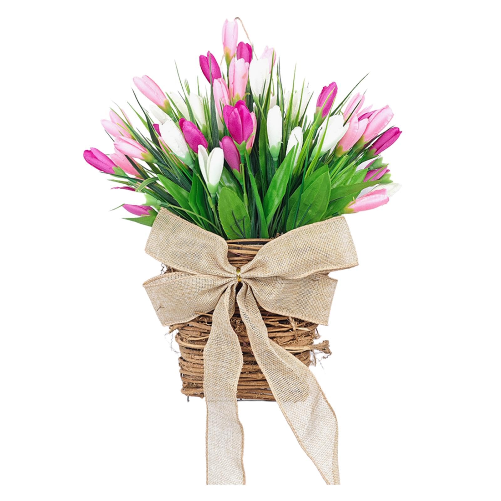 Pleayietoopiatiey Spring Artificial Tulip Flowers Patio Porch Front Door Hanging Basket Wreath