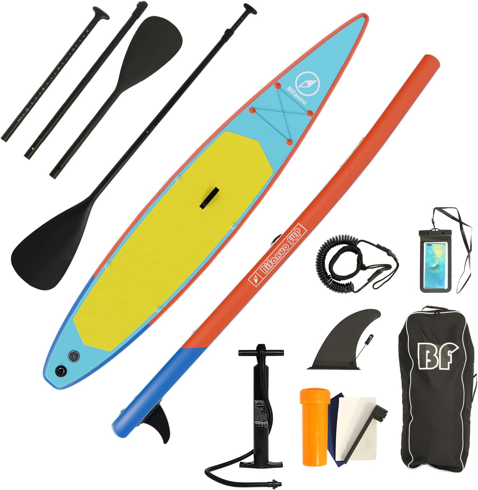 Bifanuo Inflatable Stand Up Paddle Board with SUP Accessories & Backpack. Non-Slip Deck,Wide Stance,Bottom Fin,Double Action Pump and Repair Kit.Youth & Adult Standing Boat