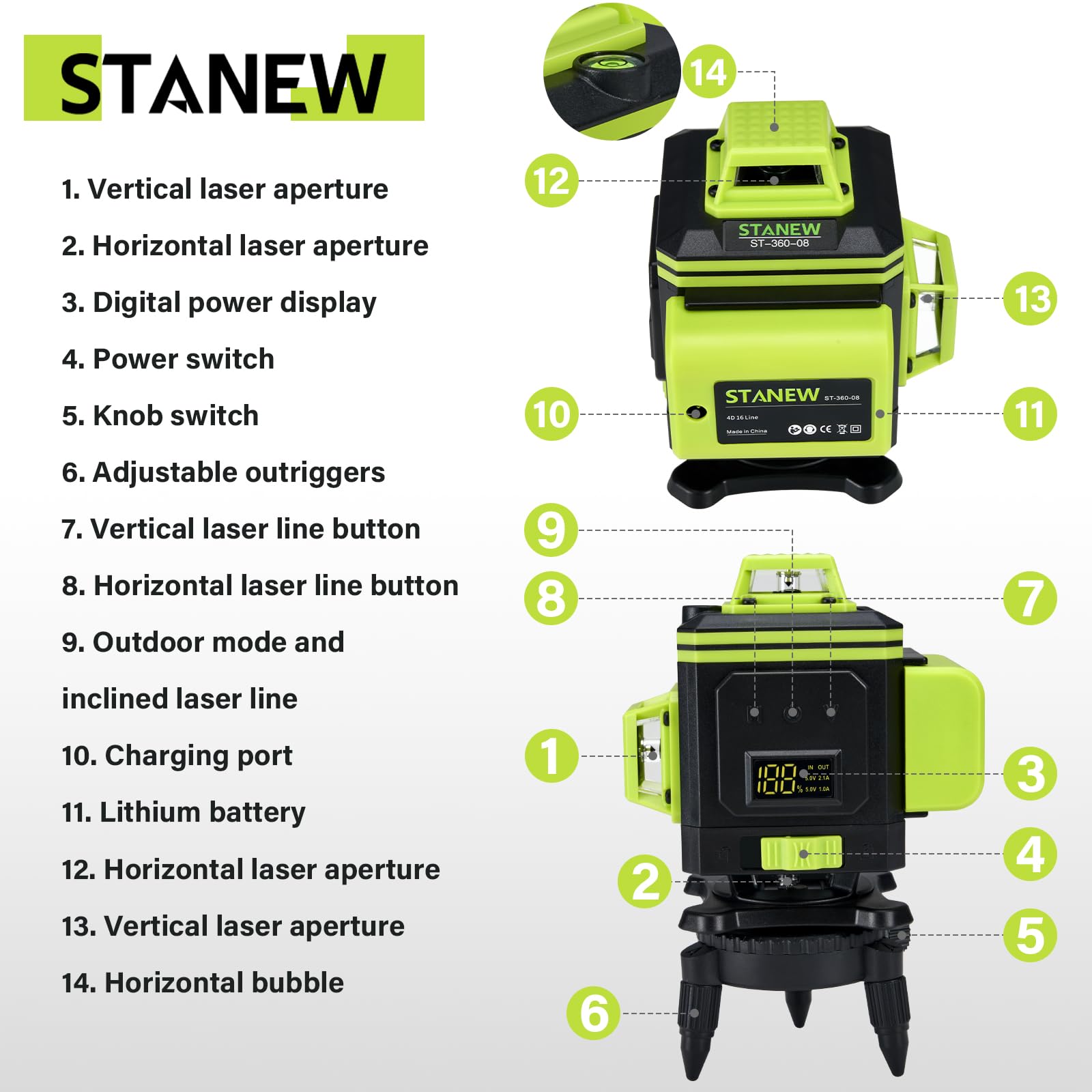 STANEW Laser chantier 4 x 360°,Autonivelant Niveau Laser Vert 4D 16 Line Ligne Laser Verte Horizontal et Verticale avec Télécommande Intégrée