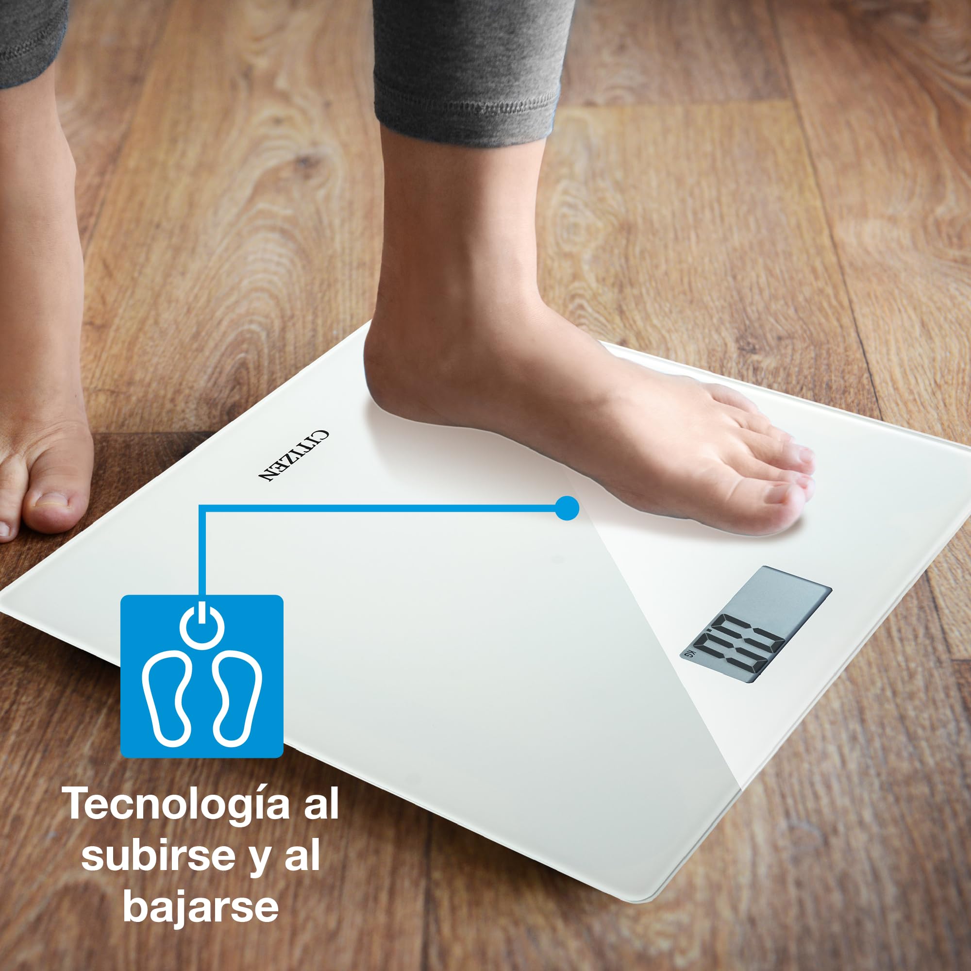 Citizen Bilancia Pesapersone Digitale in Vetro Temperato, Bilancia da Bagno Precisa 0,1 kg con Display LCD Grande, Tecnologia Step-On, Design Ultrasottile 22 mm, Bianco