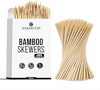 Makerstep Natural Bamboo Skewers for BBQ. Appetizer, Kebab, Fruit, Cocktail for Drinks. Thick and Sturdy. More Size Available (6"/8"/10"/12"/14"/16") 100 Pack (6 Inch)