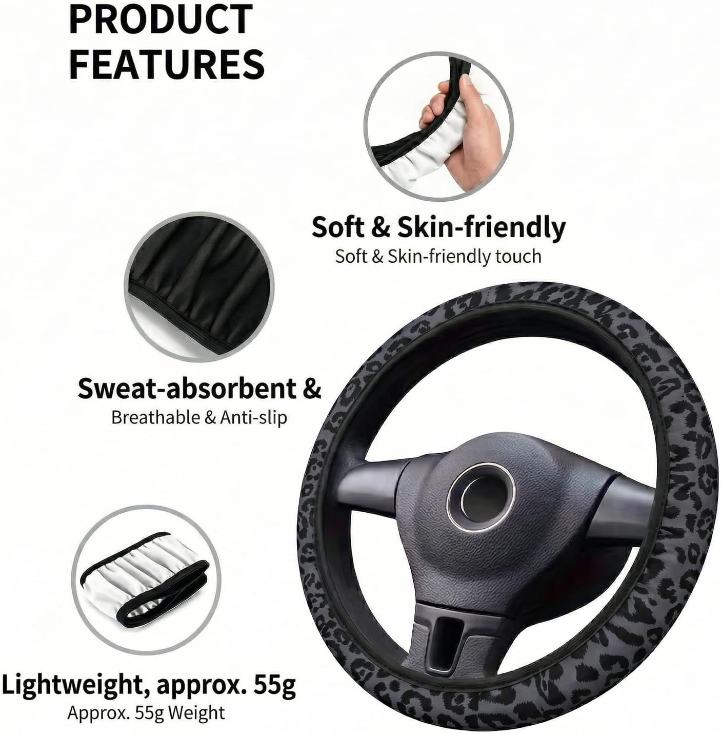 Black Leopard Cheetah Print Steering Wheel Cover, Anti-Slip Elastic Car Steering Wheel Cover, 14-15 Inch Universal Auto Interior Accessory, 2PCS Car Coasters Included