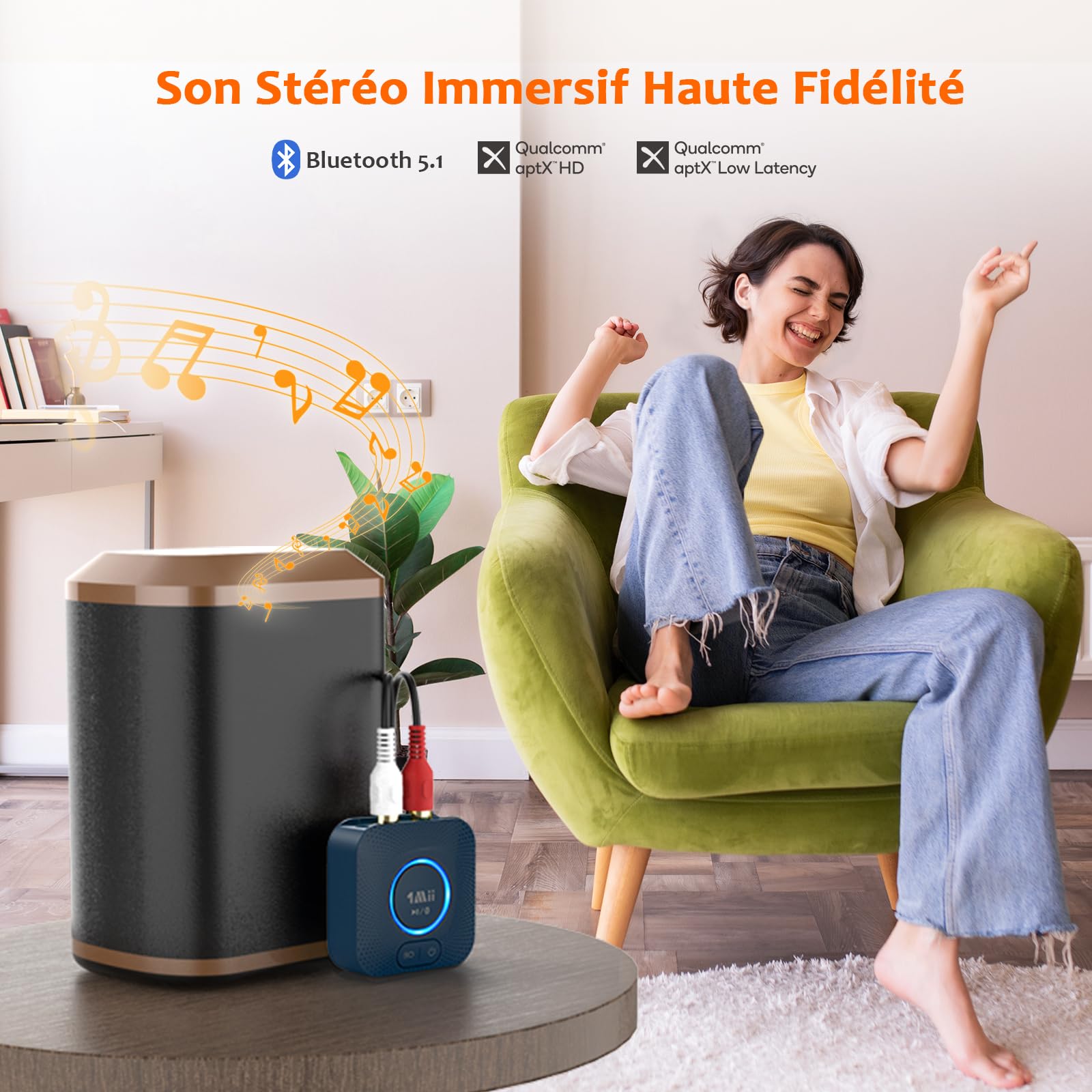 1Mii B06HD Récepteur Audio Bluetooth 5.1, Adaptateur Bluetooth pour HiFi Système Stéréo Domestique, avec aptX HD Faible Latence Low Latency 3D Surround, 15hrs Playtime, RCA 3,5mm AUX Jack